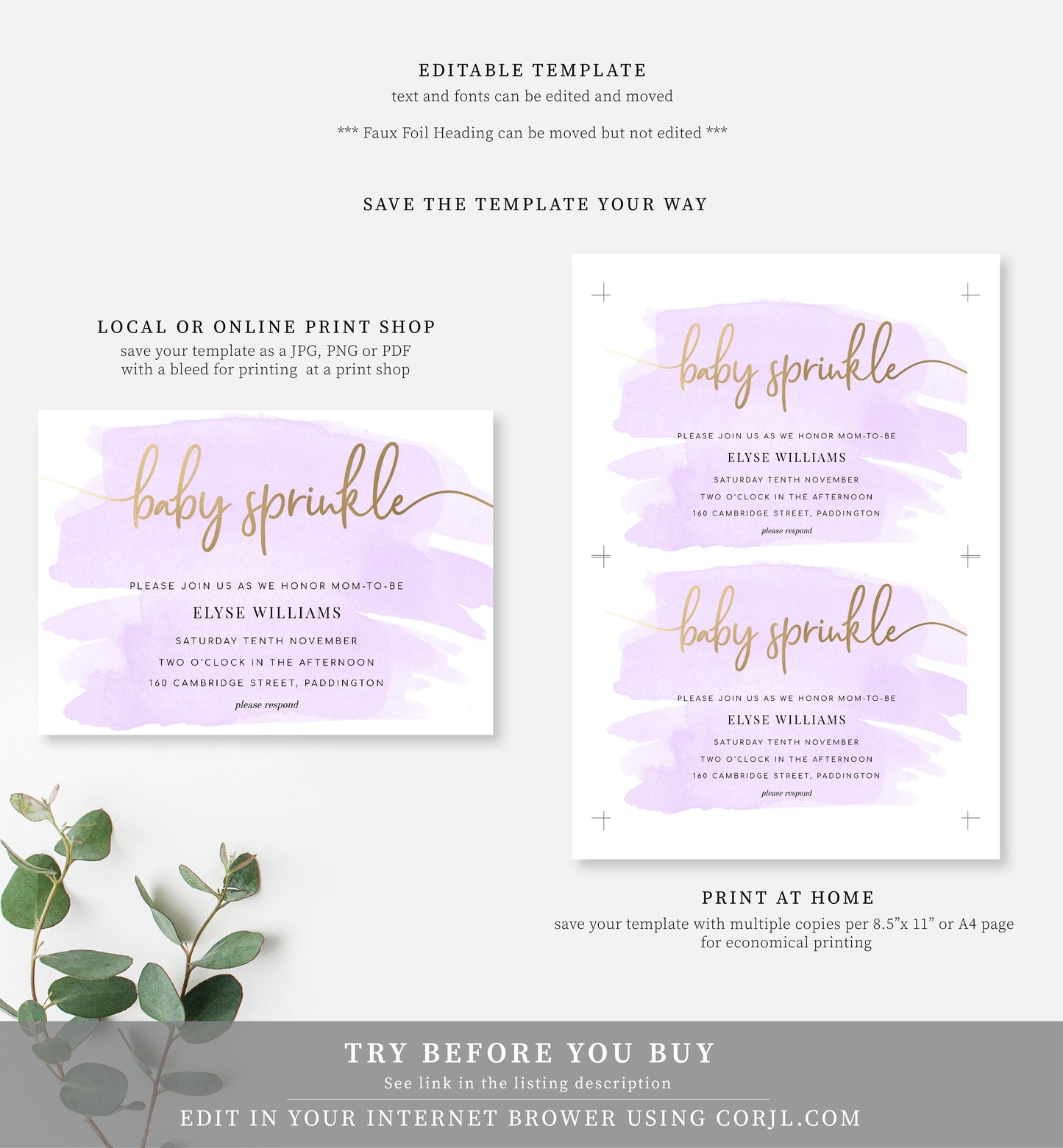 Watercolour Purple | Printable Baby Sprinkle Invitation - Black Bow Studio