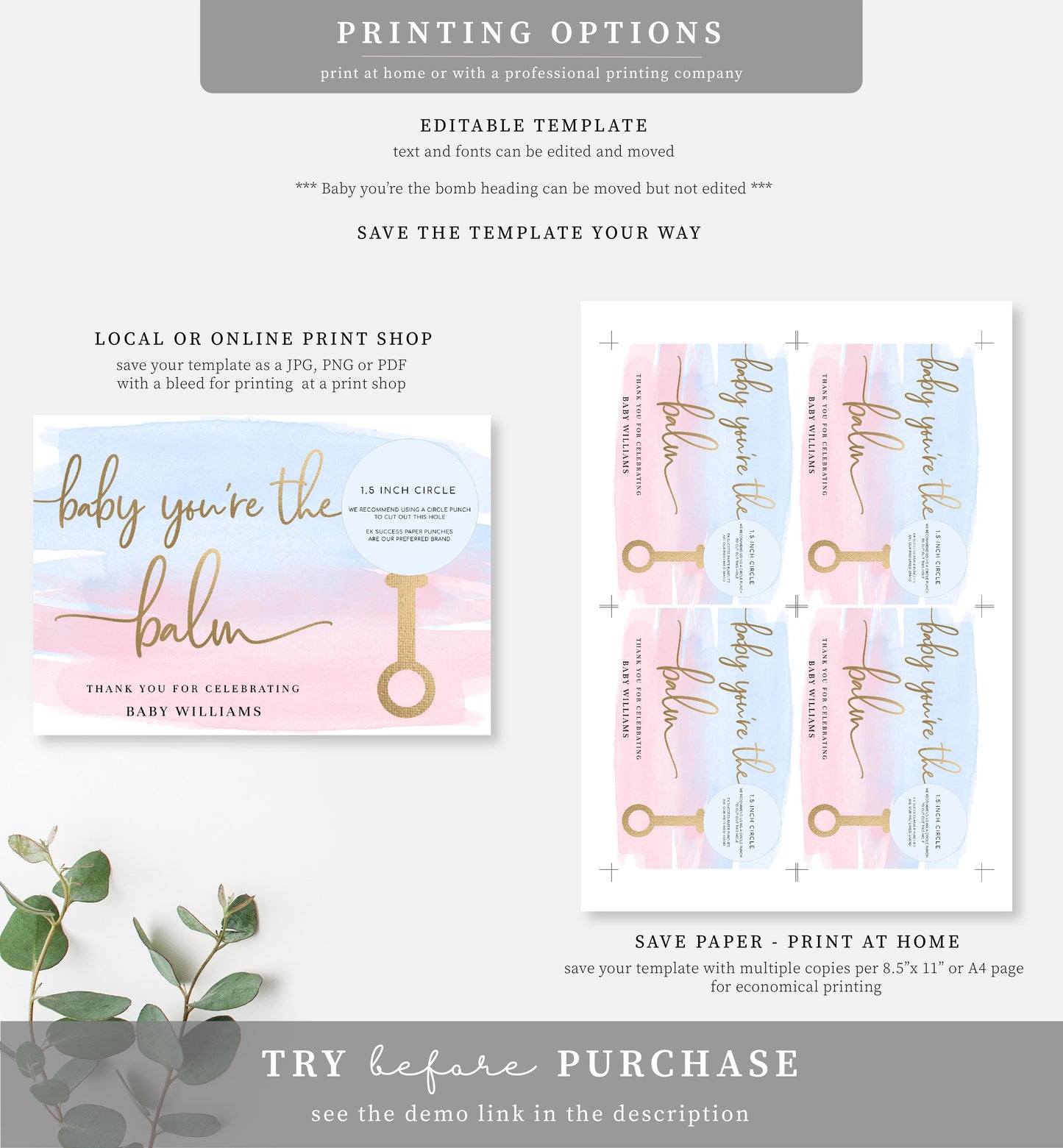 Watercolour Pink Blue | Printable Baby You're The Balm Favour Card