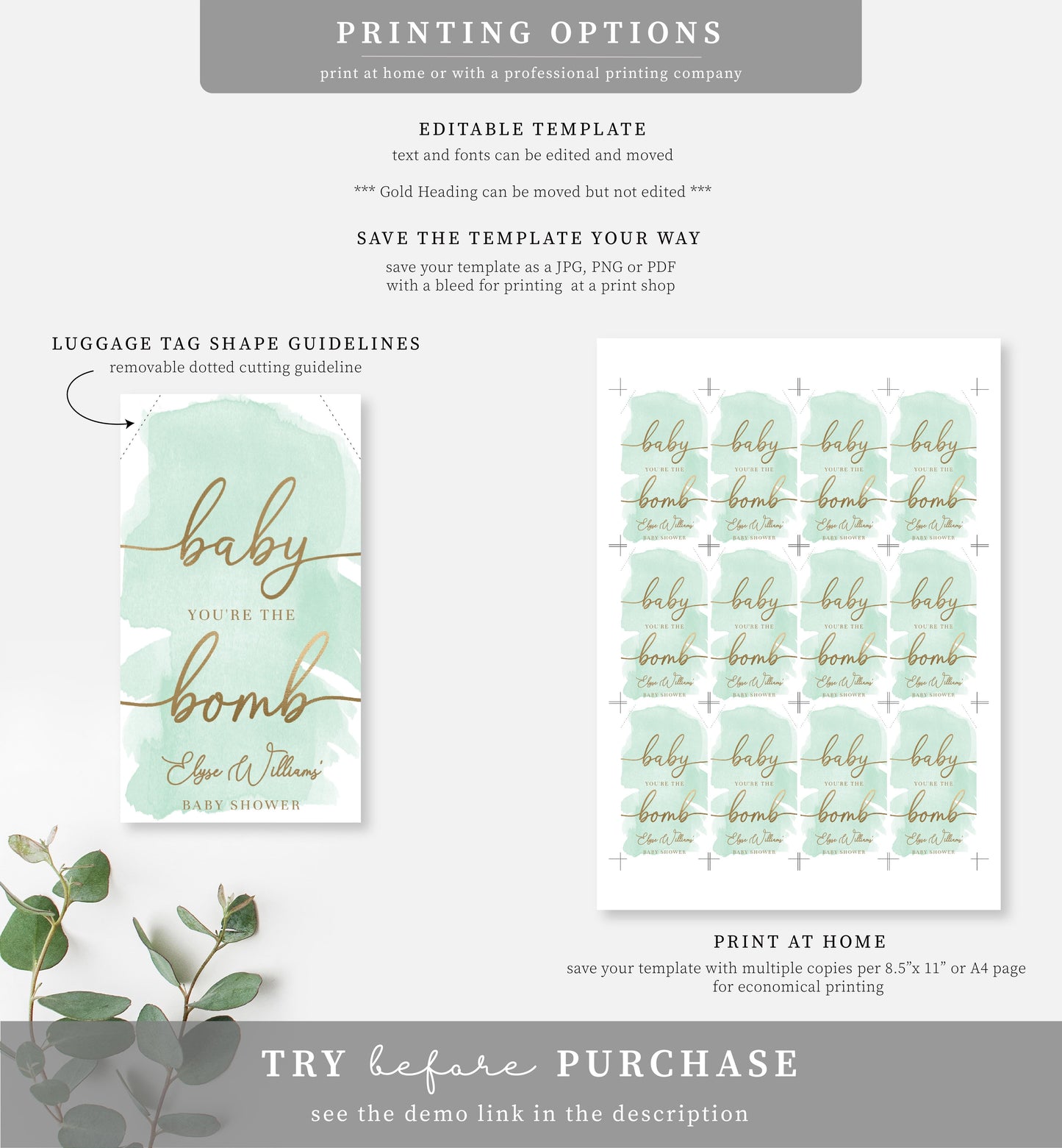 Watercolour Green | Printable Bath Bomb Favour Tags