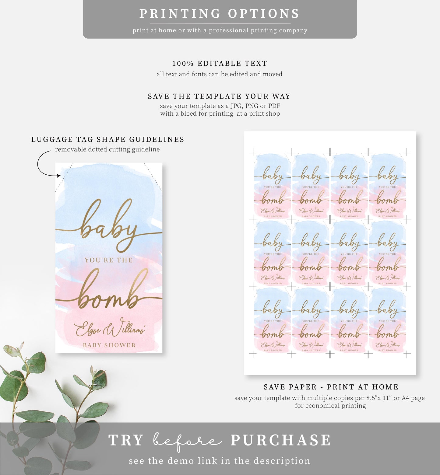 Watercolour Pink Blue | Printable Bath Bomb Favour Tags