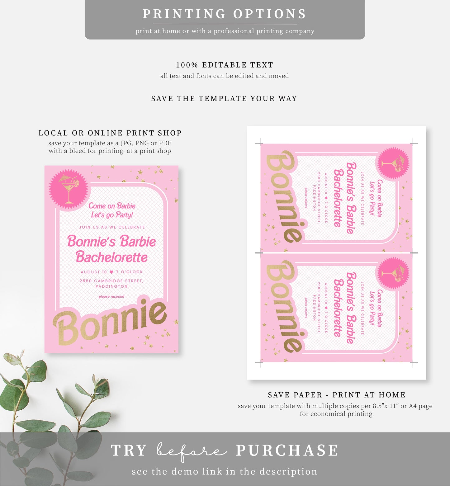 Barbie Party Pink Gold | Printable Bachelorette Party Invitation Template