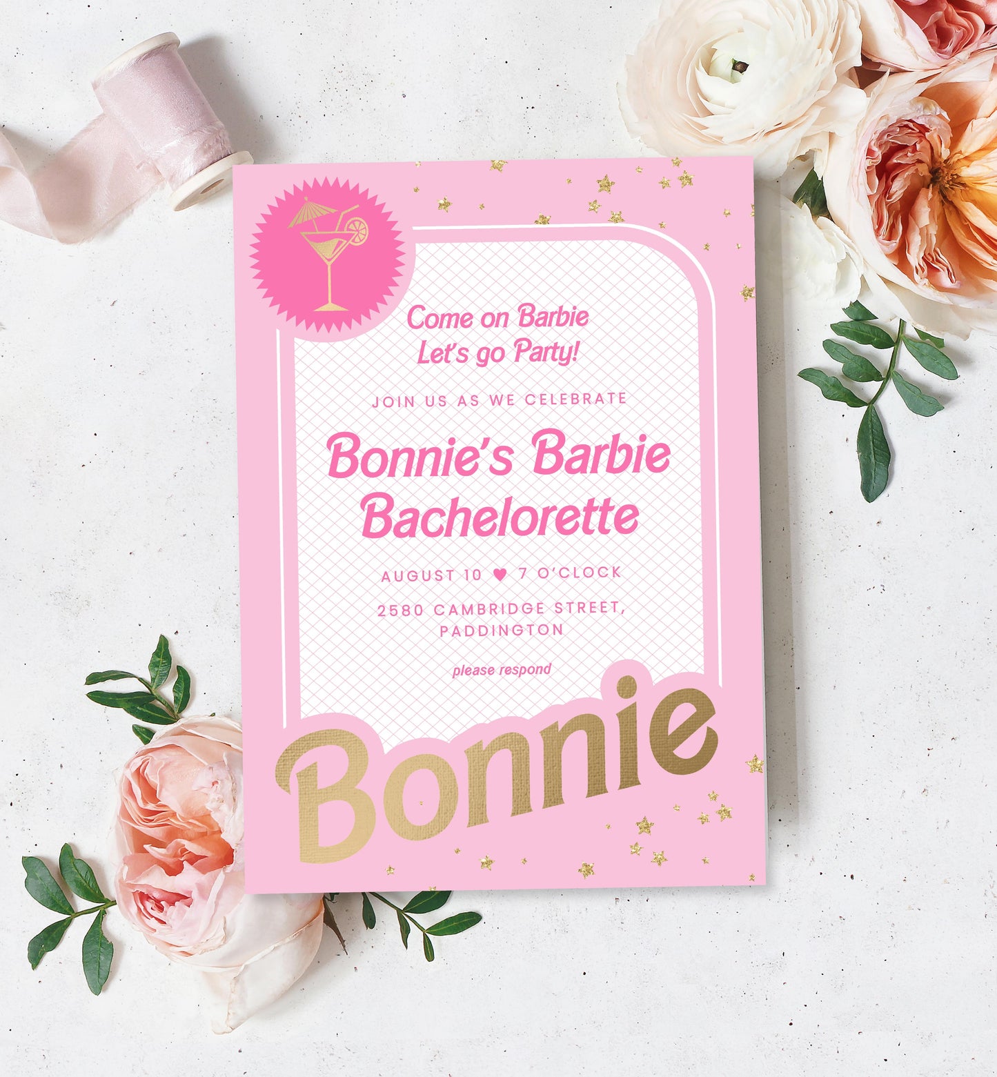 Barbie Party Pink Gold | Printable Bachelorette Party Invitation Template