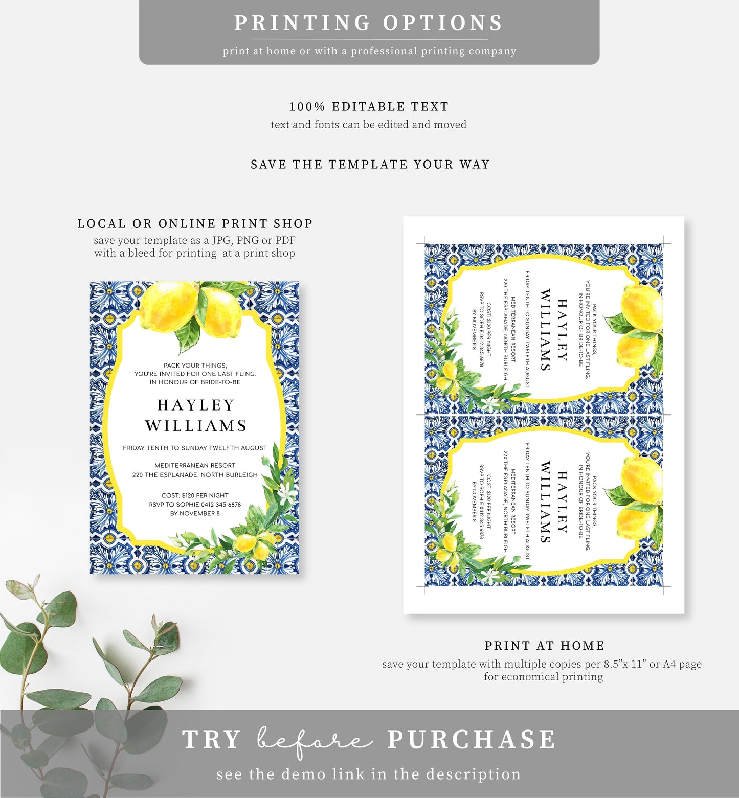 Positano Lemons | Printable Bachelorette Weekend Invitation Suite Template - Black Bow Studio