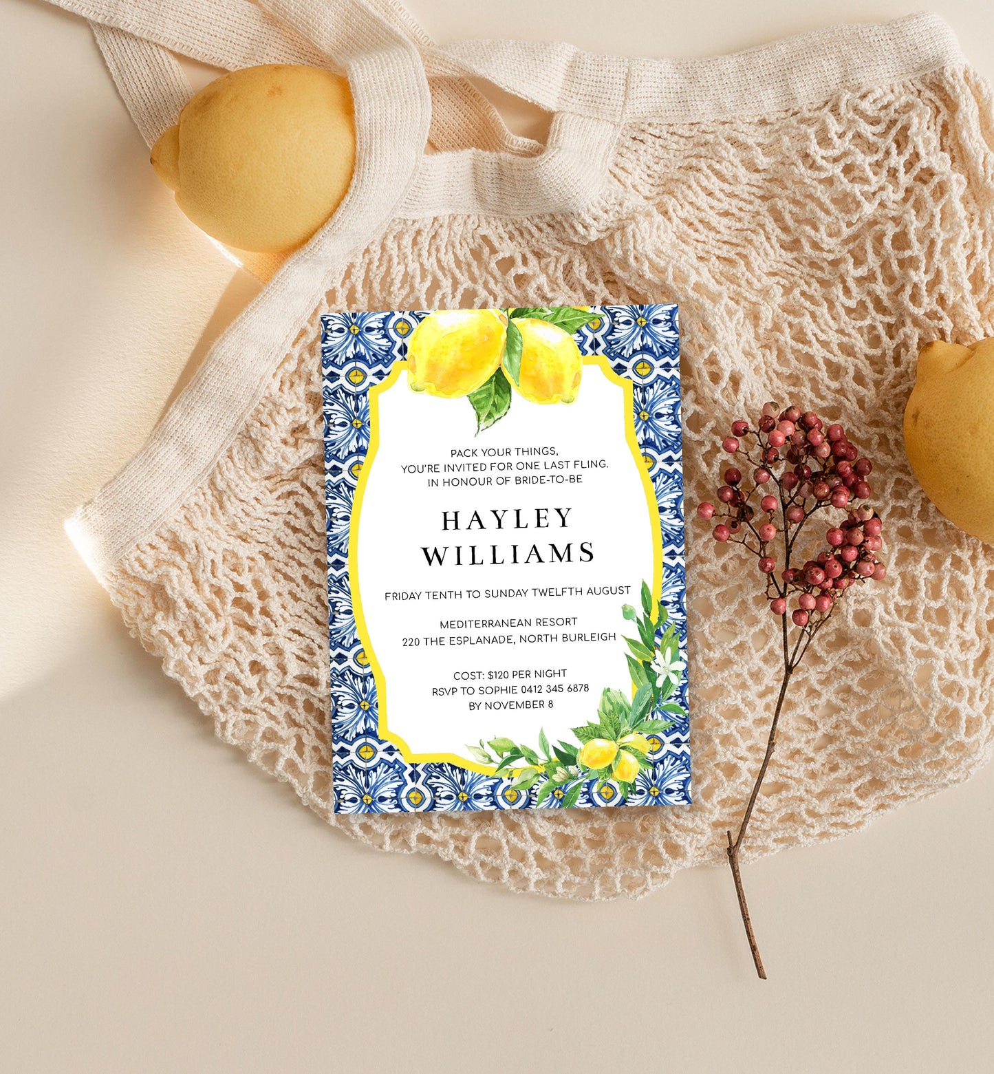Positano Lemons | Printable Bachelorette Weekend Invitation Suite Template - Black Bow Studio