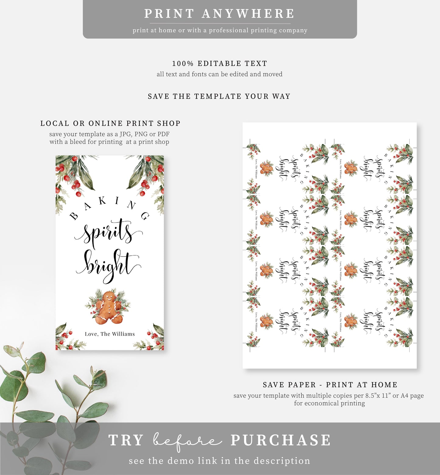 Nutmeg Noel | Printable Baking Spirits Bright Christmas Gift Tag Template