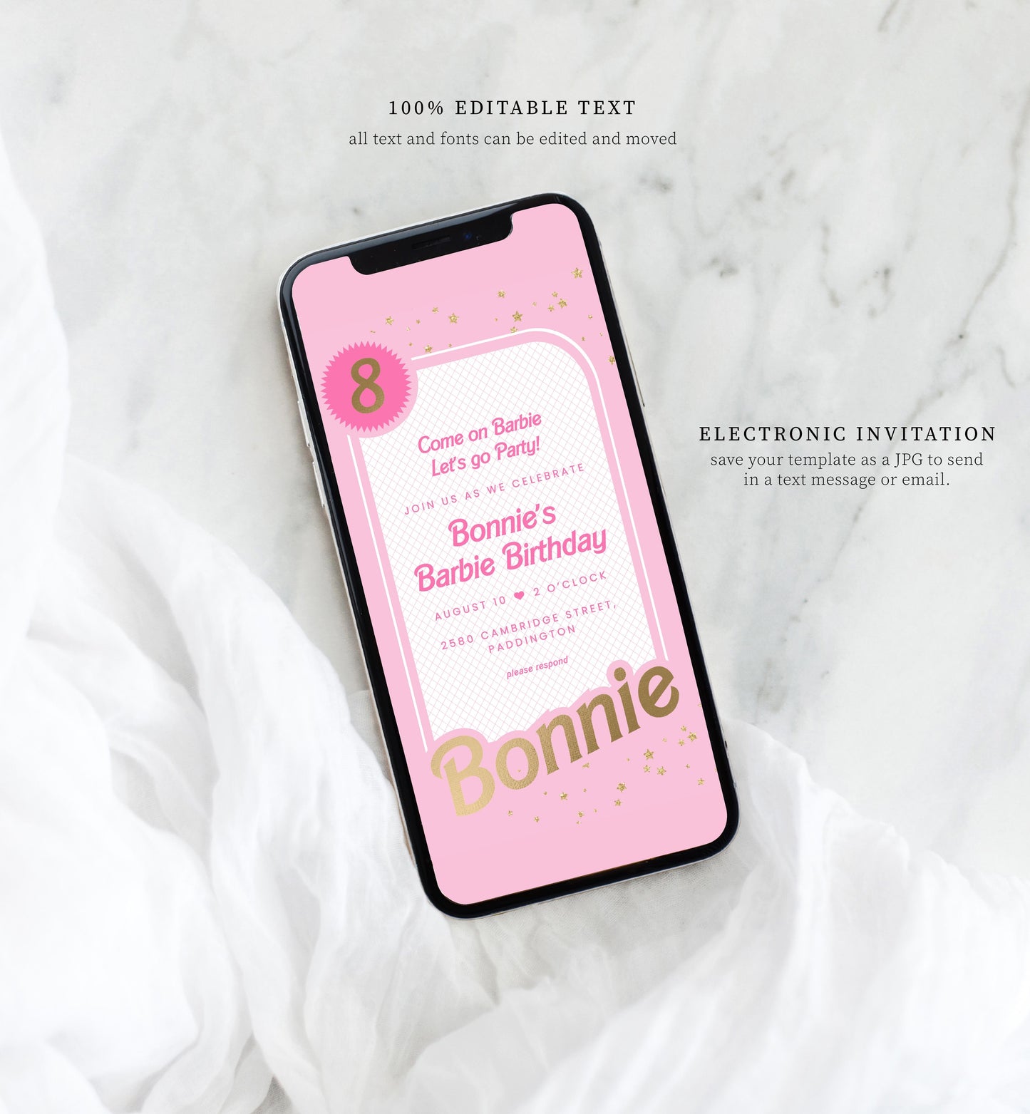 Barbie Party Pink Gold | Smartphone Birthday Invitation Template - Black Bow Studio