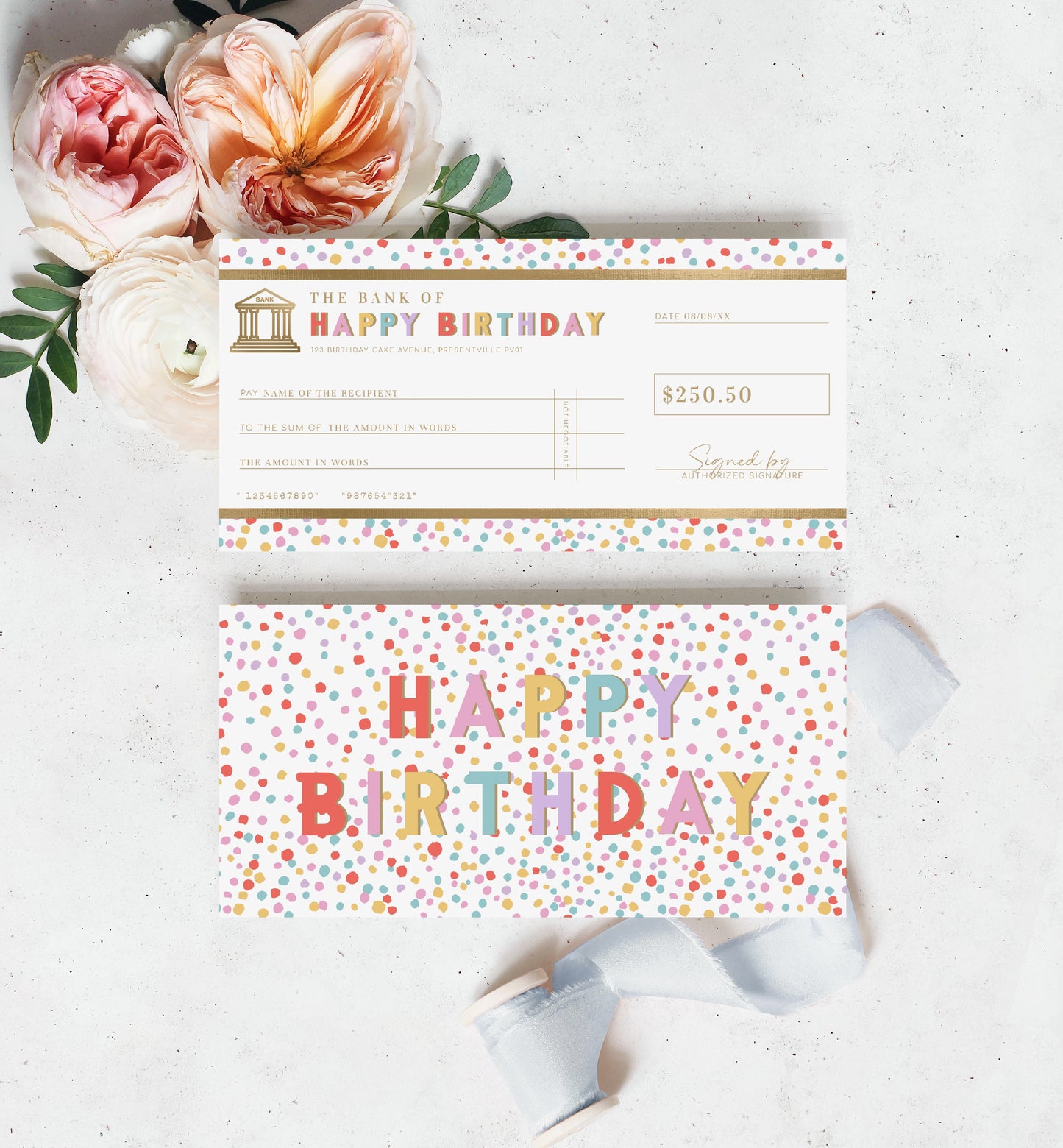 Dot Multi | Printable Birthday Cheque Gift Voucher Template
