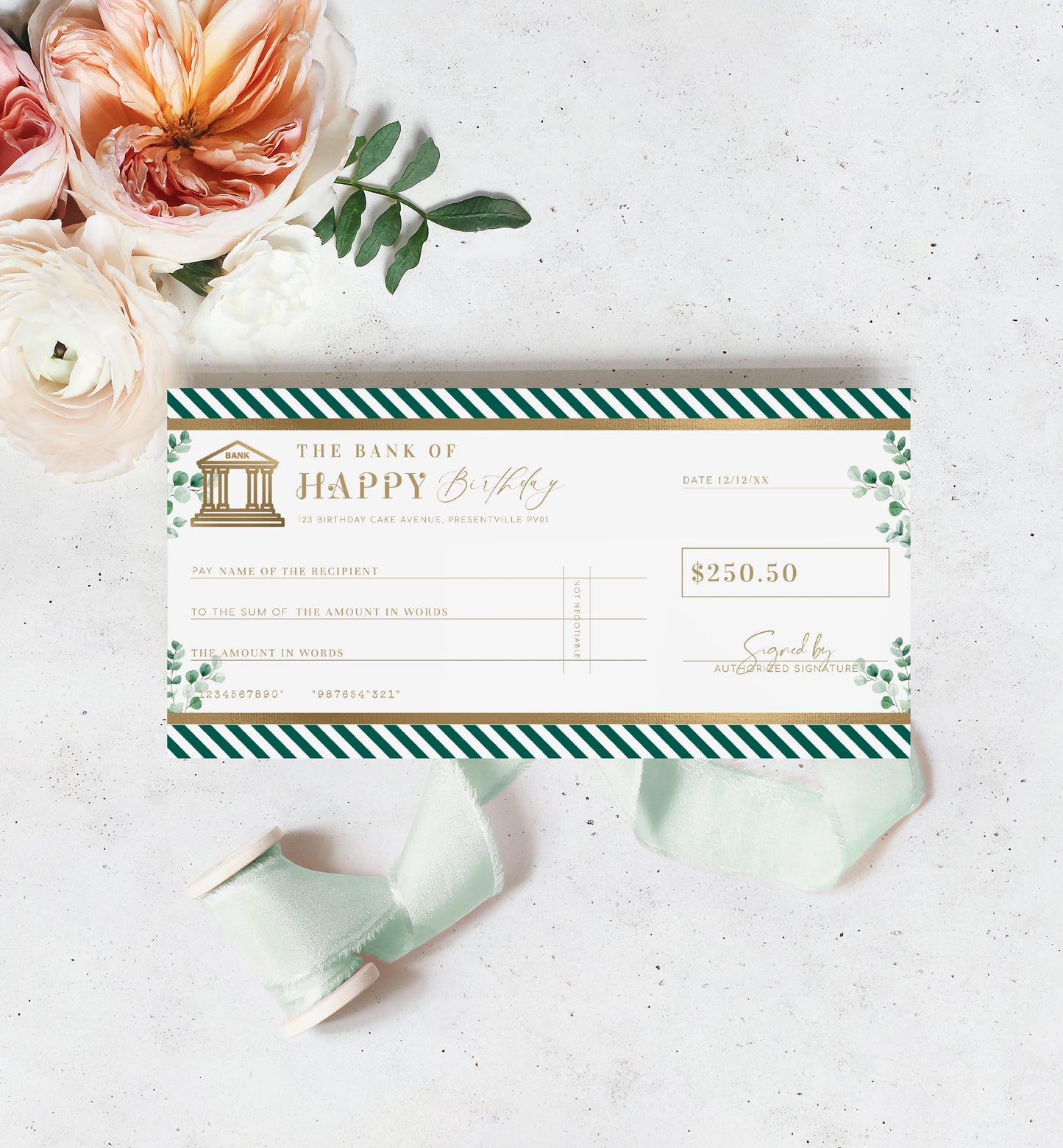 Ferras Green Gold | Printable Birthday Cheque Gift Voucher Template
