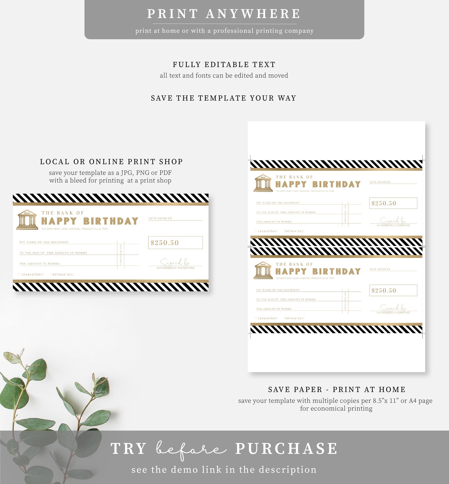 Stripe Black Gold | Printable Birthday Cheque Gift Voucher Template