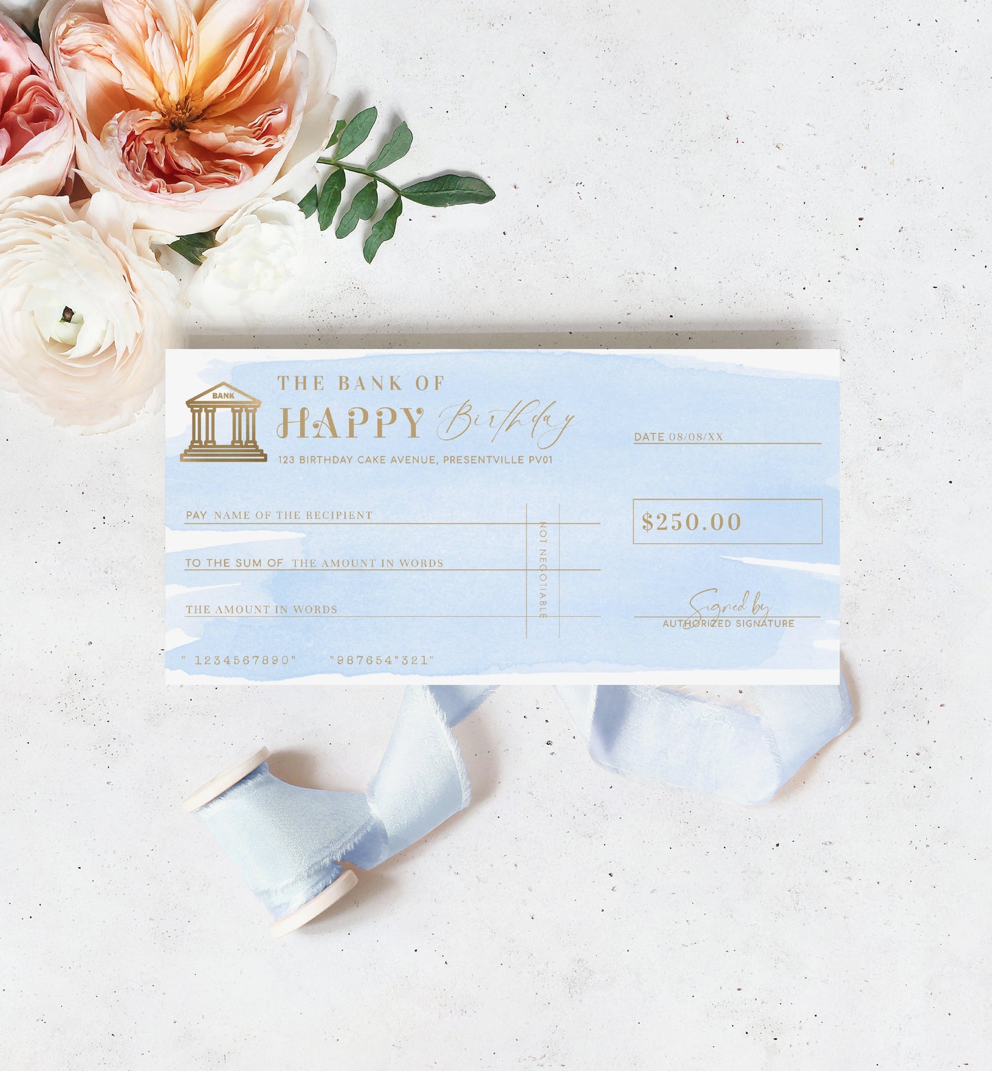 Watercolour Blue | Printable Birthday Cheque Gift Voucher Template