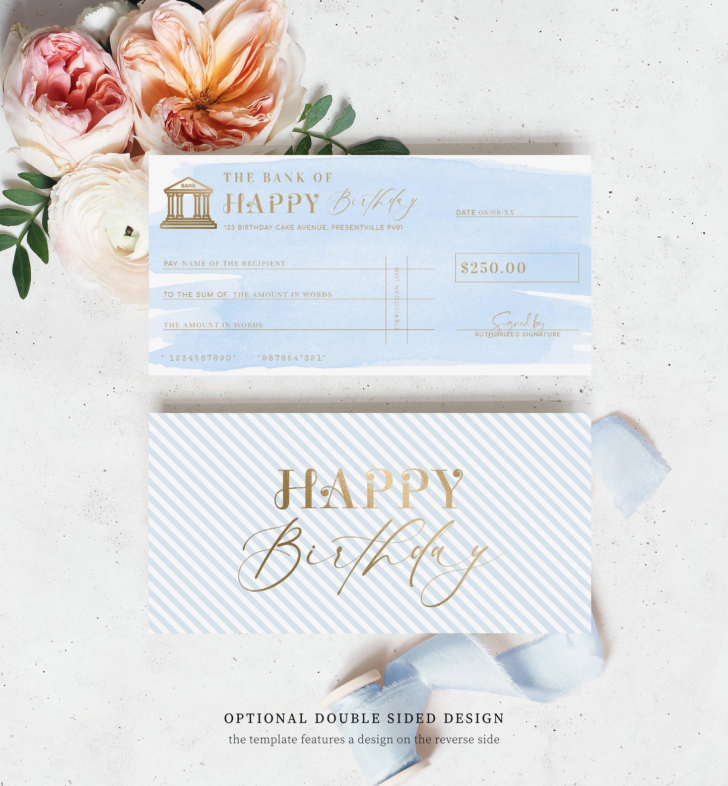 Watercolour Blue | Printable Birthday Cheque Gift Voucher Template