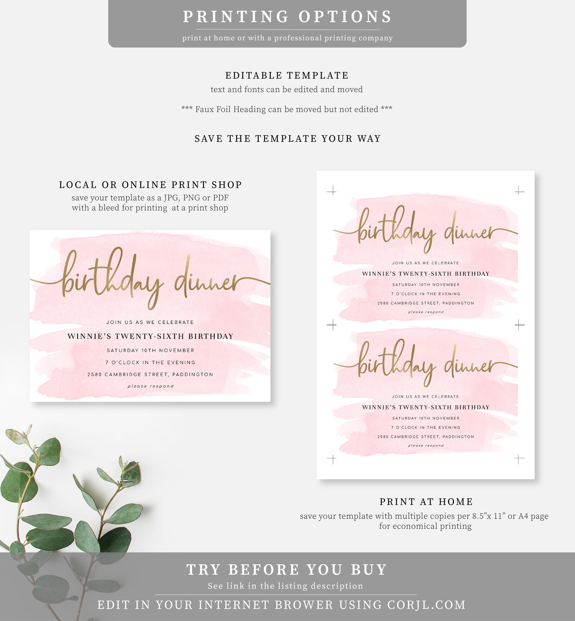 Watercolour Pink | Printable Birthday Dinner Invitation - Black Bow Studio