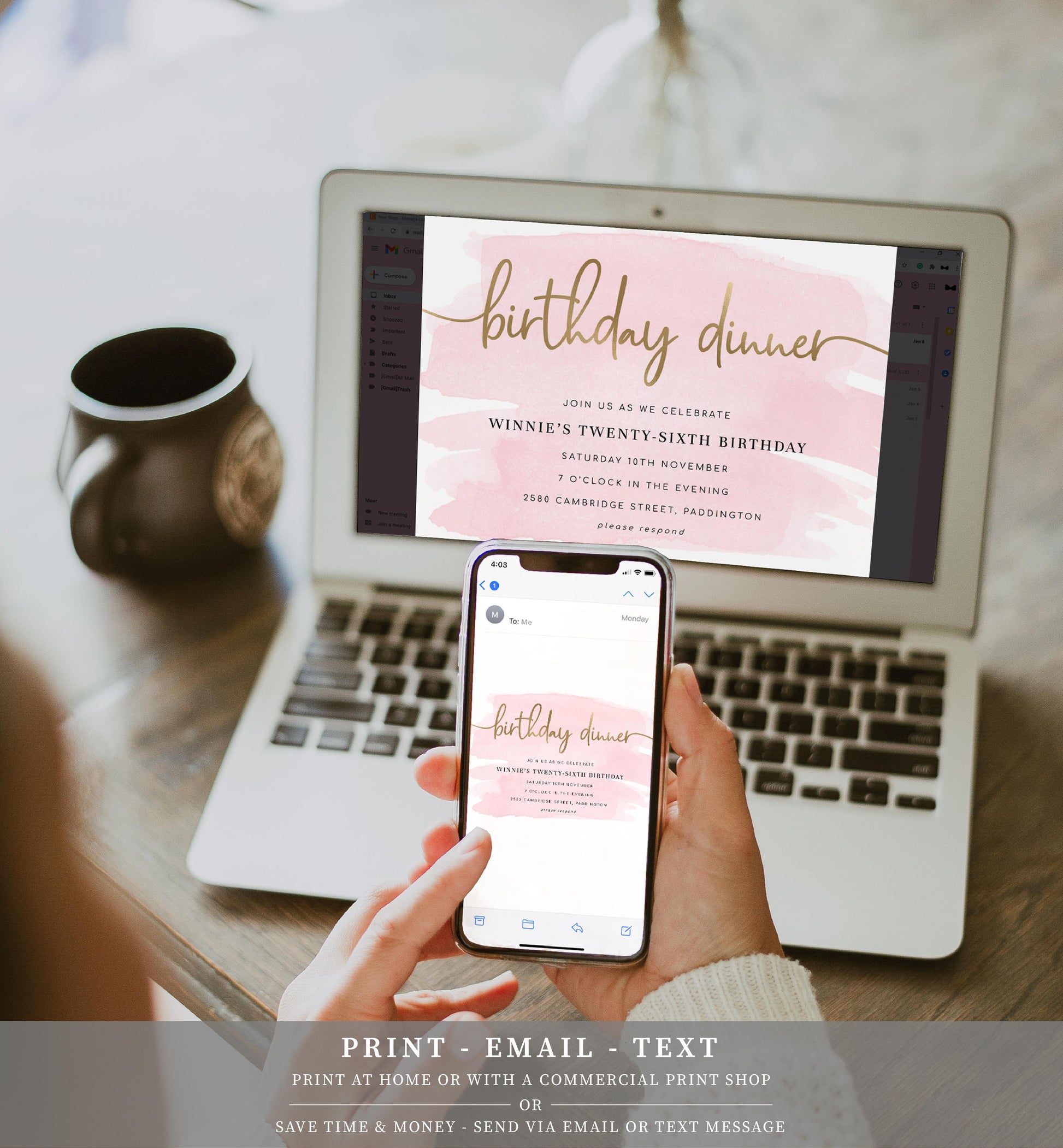 Watercolour Pink | Printable Birthday Dinner Invitation - Black Bow Studio