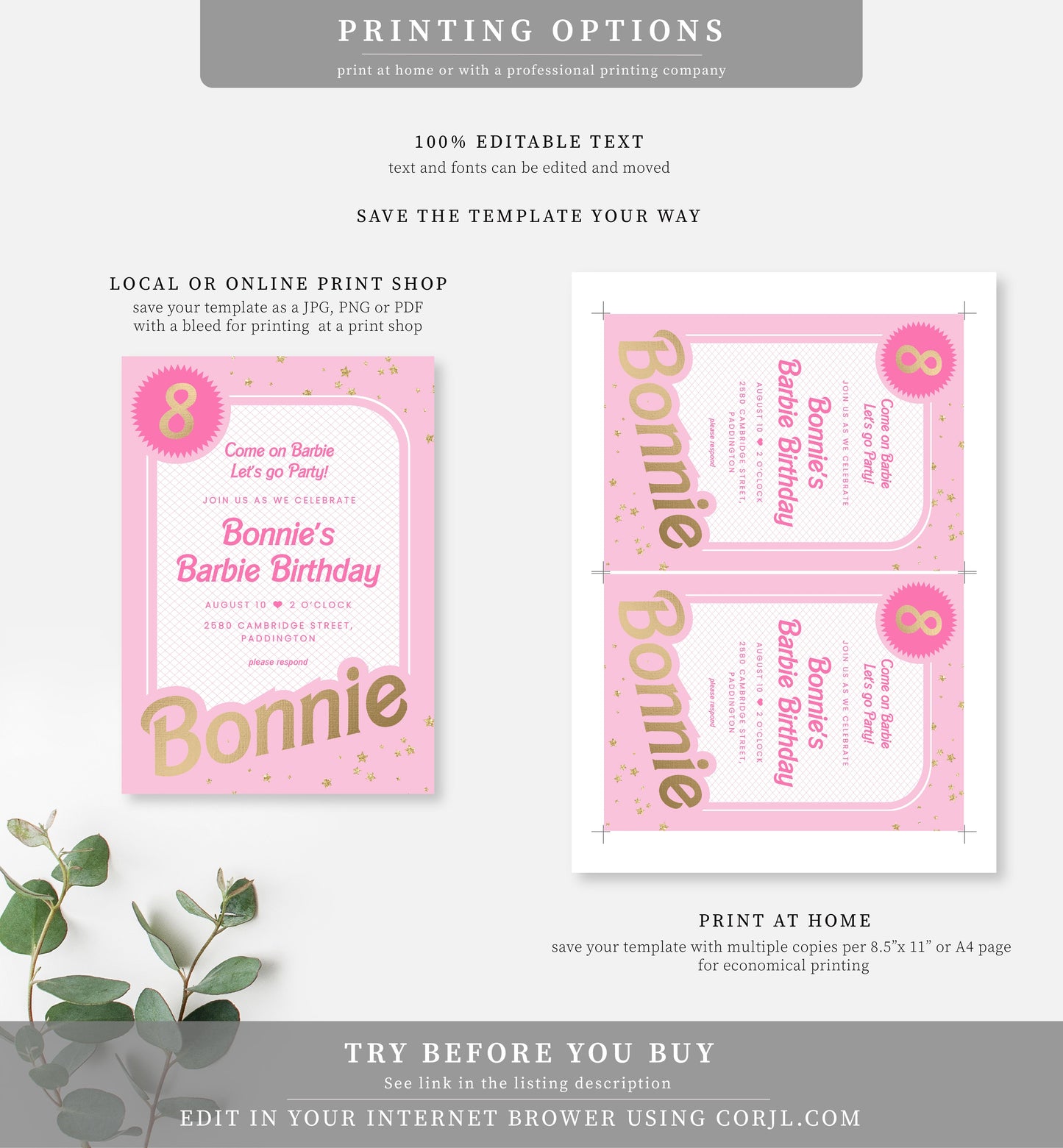 Barbie Party Pink Gold | Printable Birthday Invitation Template - Black Bow Studio