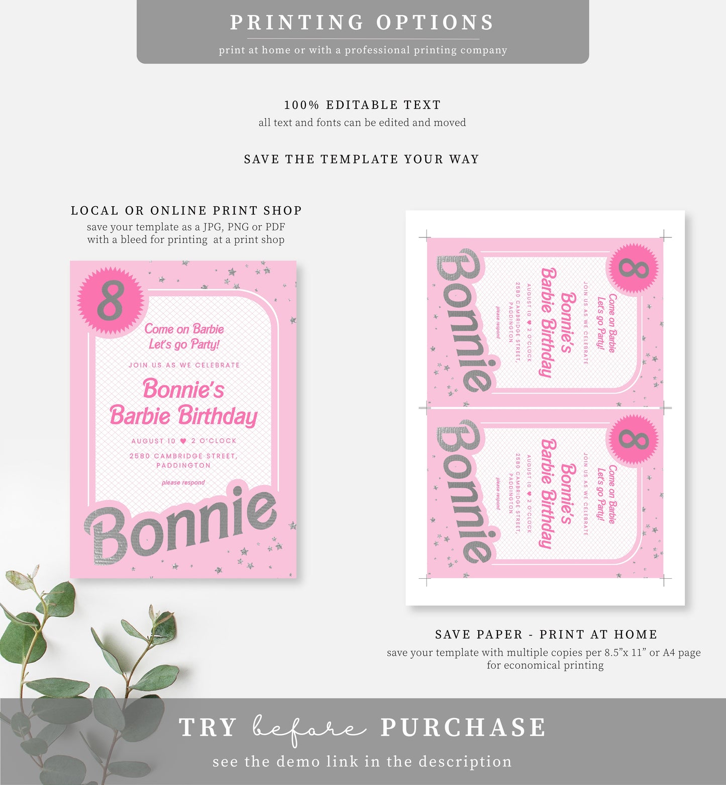 Barbie Party Pink Silver | Printable Birthday Invitation Template