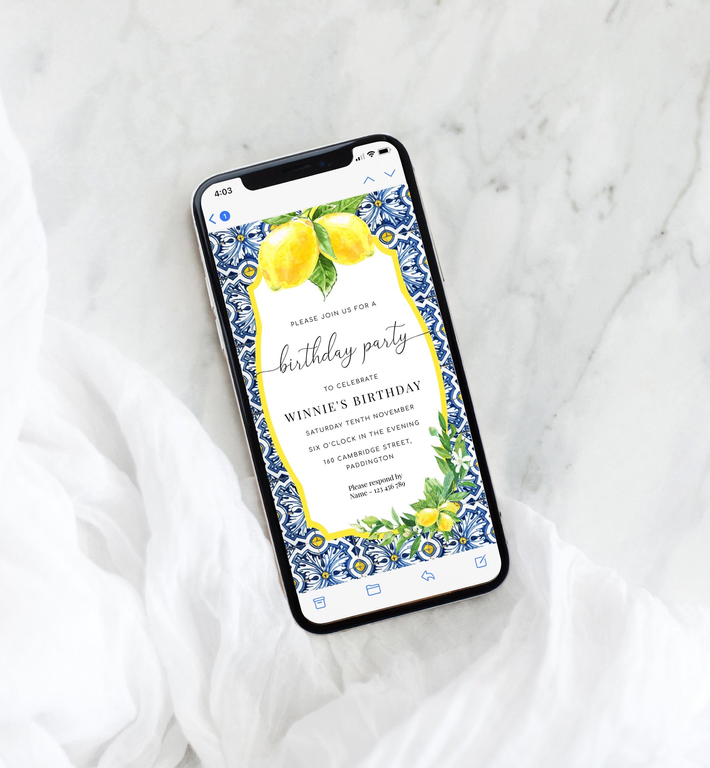 Positano Lemons | Printable Smartphone Birthday Party Invitation Template