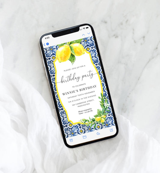 Positano Lemons | Printable Smartphone Birthday Party Invitation Template