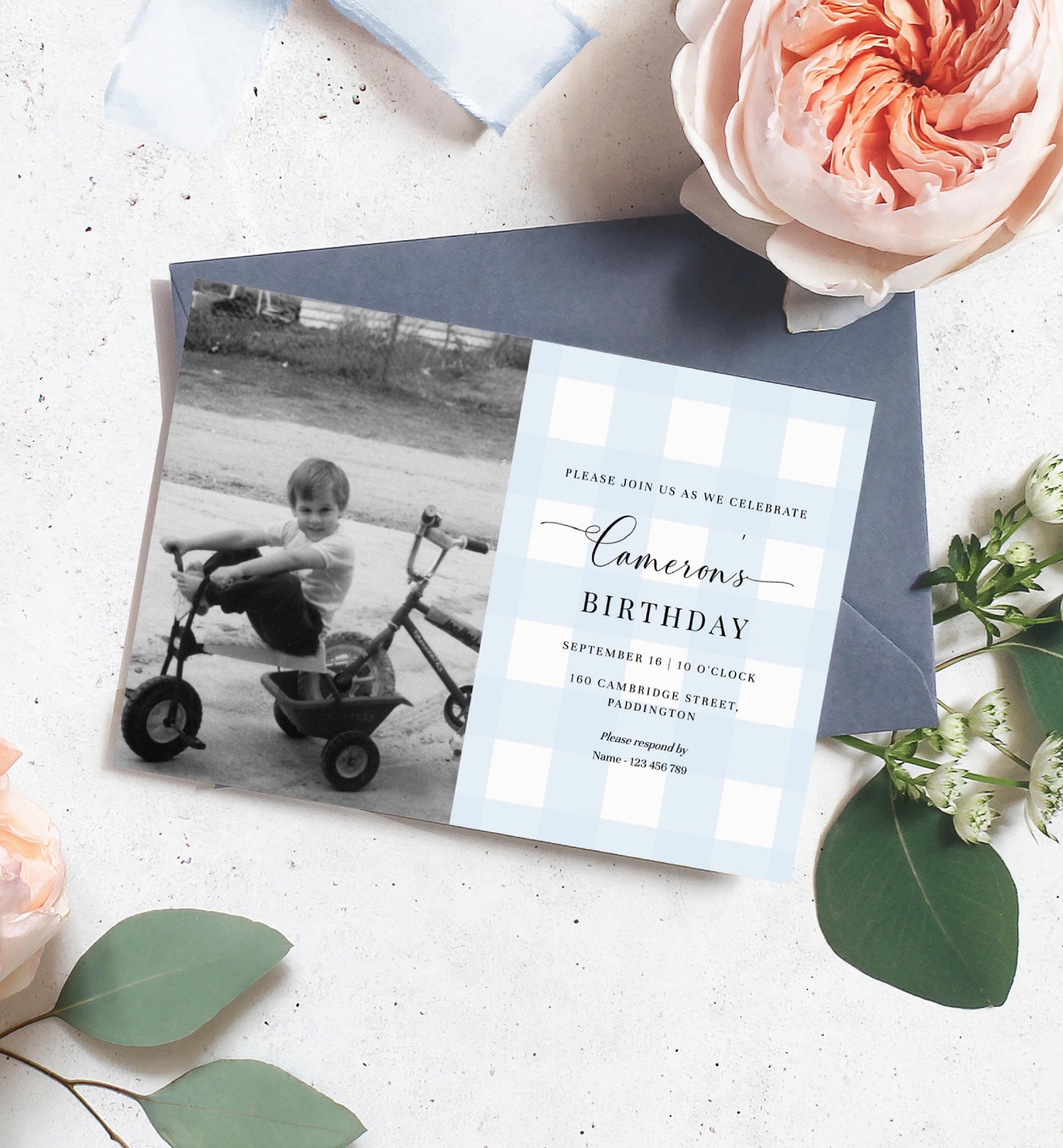 Gingham Blue | Printable Birthday Photo Invitation Template