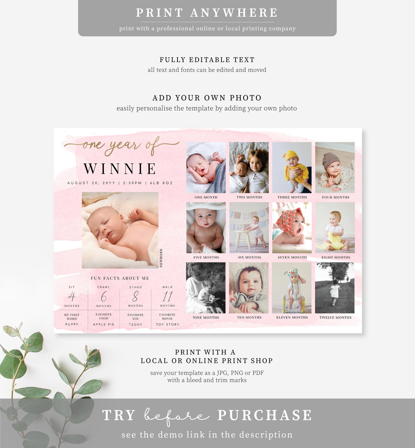 Watercolour Pink | Printable First Year Photo Timeline Sign Template