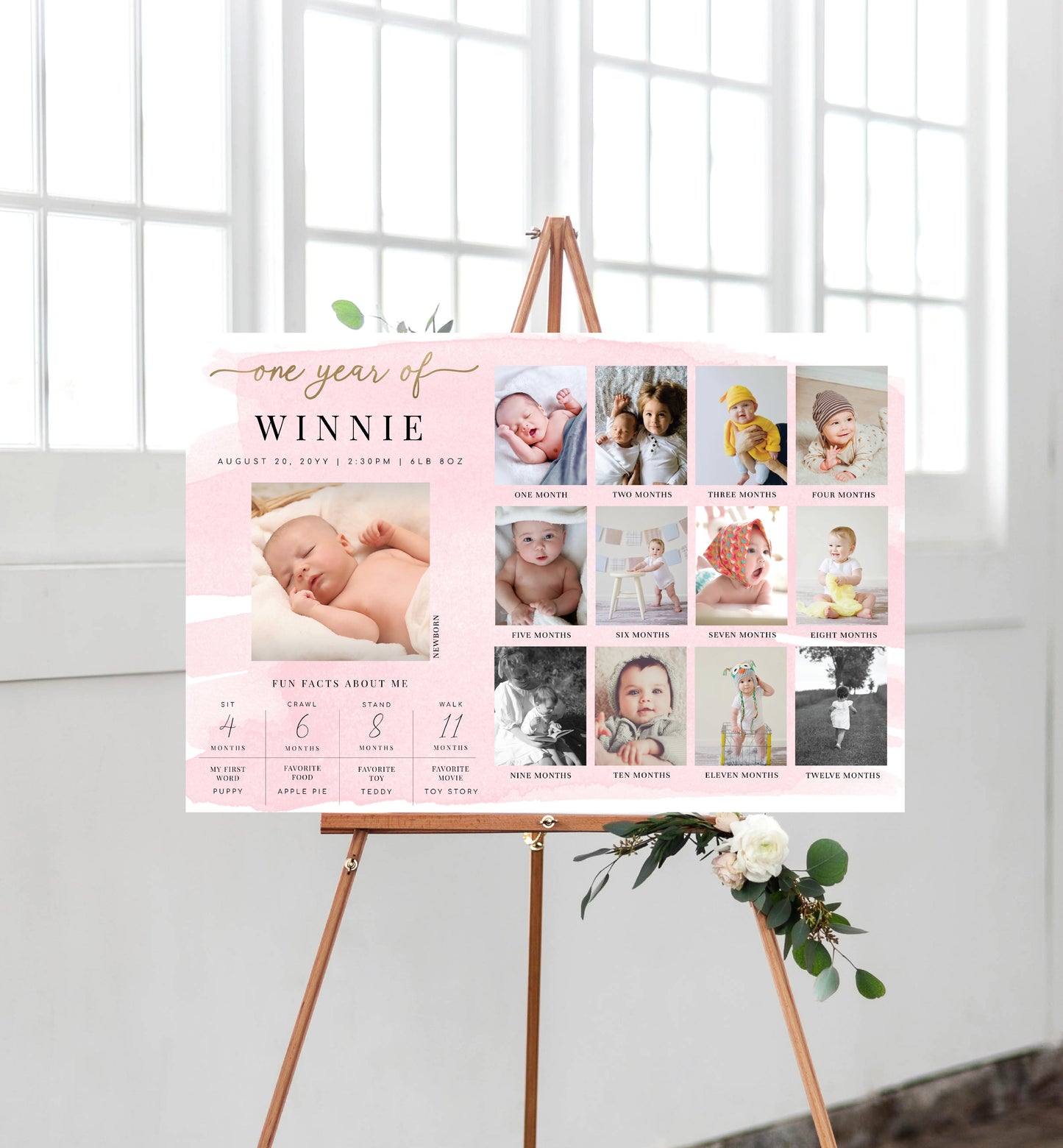 Printable Pink Watercolor First Birthday Photo Timeline Sign, 1st Birthday Photo Poster, First Year Photo Collage Sign, Milestone Sign
