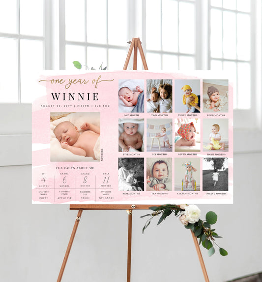 Watercolour Pink | Printable First Year Photo Timeline Sign Template