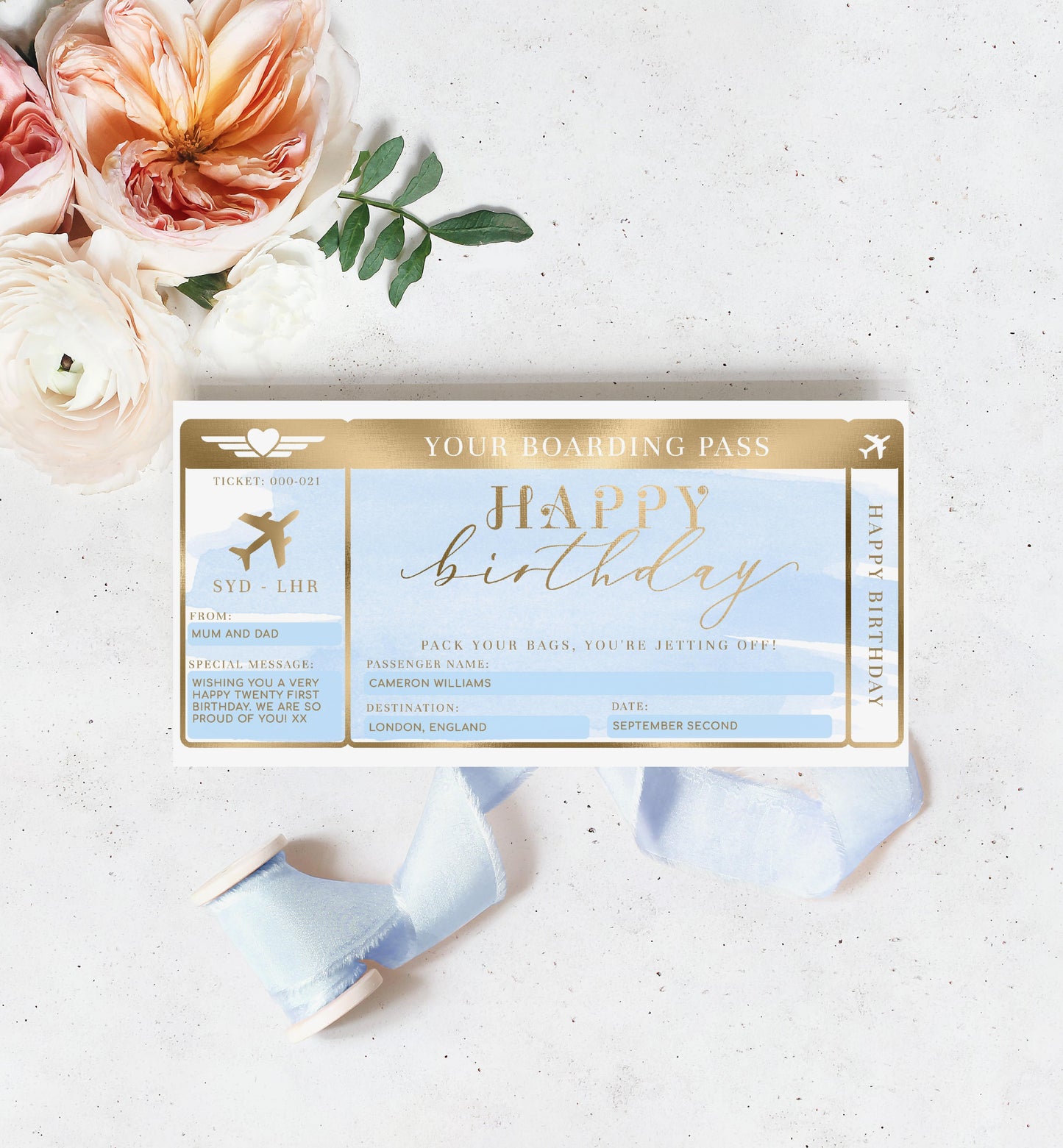 Watercolour Blue | Printable Birthday Boarding Pass - Black Bow Studio