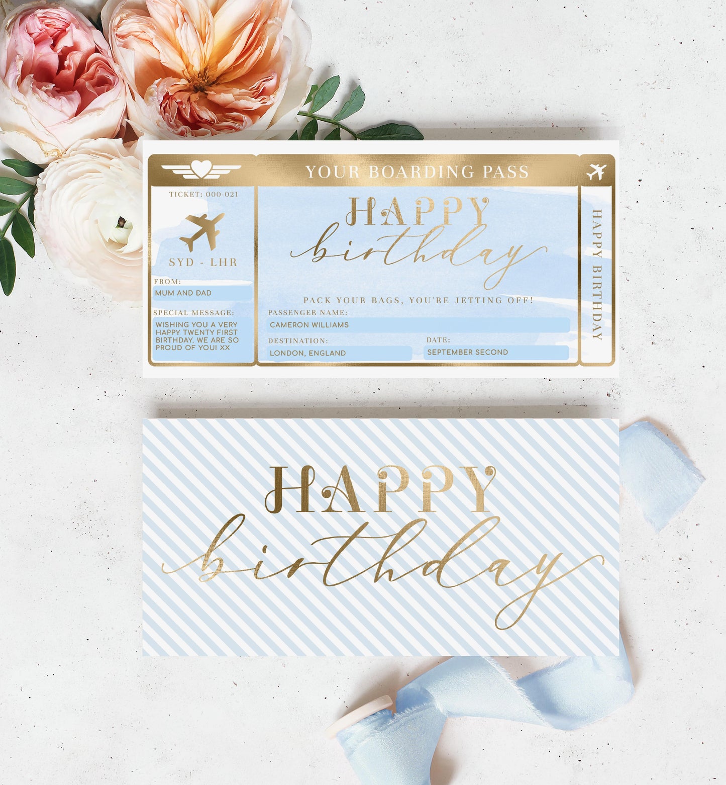 Watercolour Blue | Printable Birthday Boarding Pass - Black Bow Studio