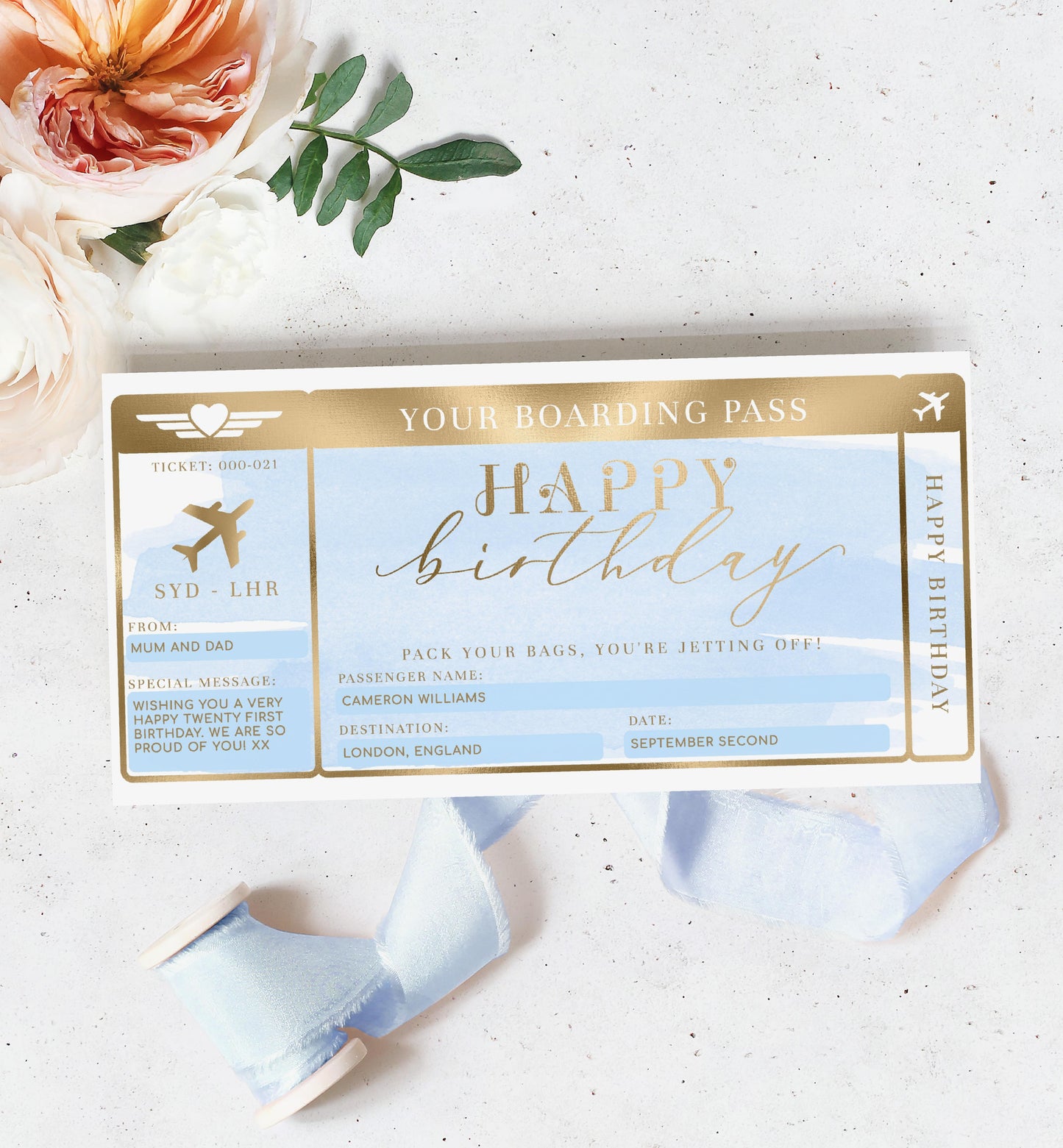 Watercolour Blue | Printable Birthday Boarding Pass - Black Bow Studio