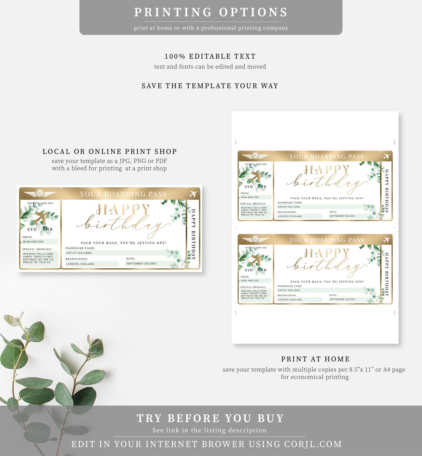 Ferras Blossom Greenery | Printable Birthday Boarding Pass - Black Bow Studio