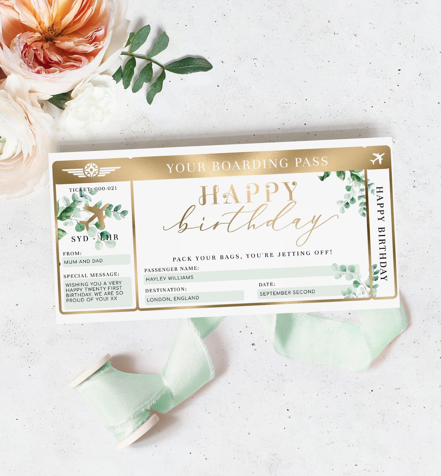 Ferras Blossom Greenery | Printable Birthday Boarding Pass - Black Bow Studio