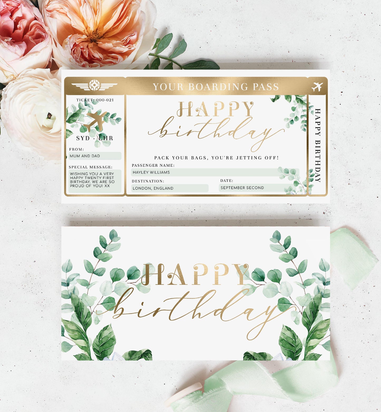 Ferras Blossom Greenery | Printable Birthday Boarding Pass - Black Bow Studio