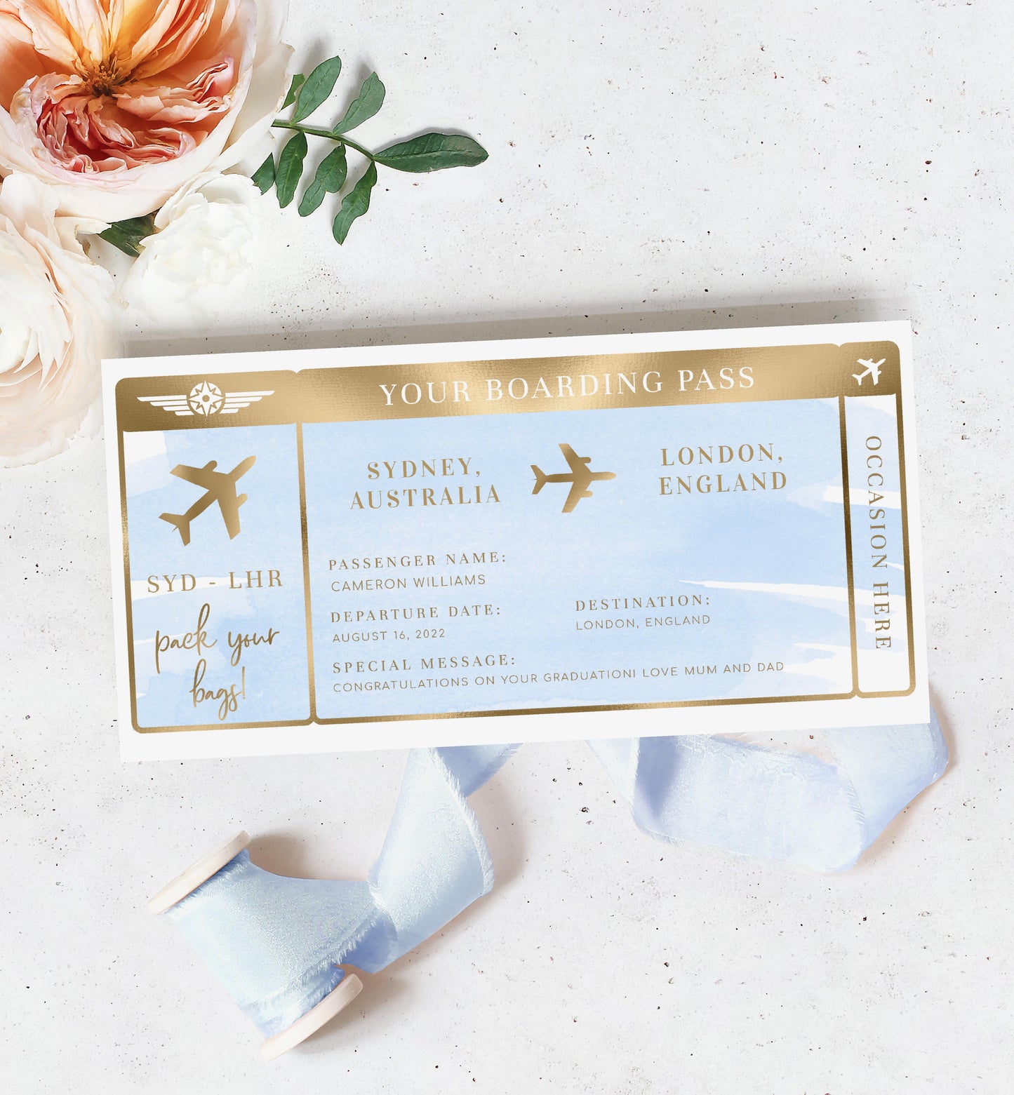 Watercolour Blue | Printable Boarding Pass - Black Bow Studio