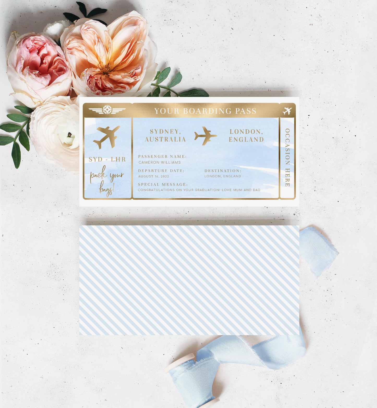 Watercolour Blue | Printable Boarding Pass - Black Bow Studio