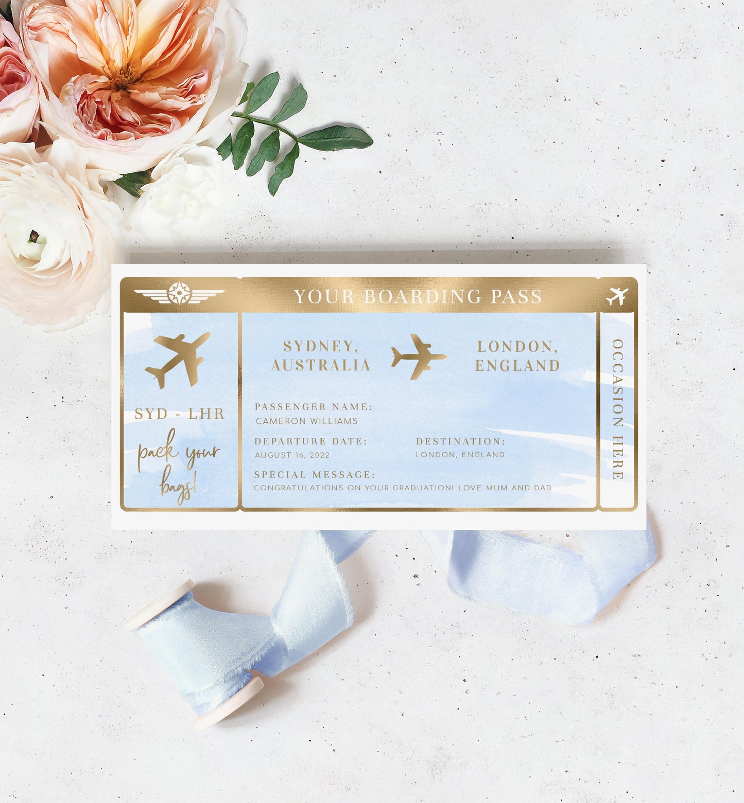 Watercolour Blue | Printable Boarding Pass - Black Bow Studio