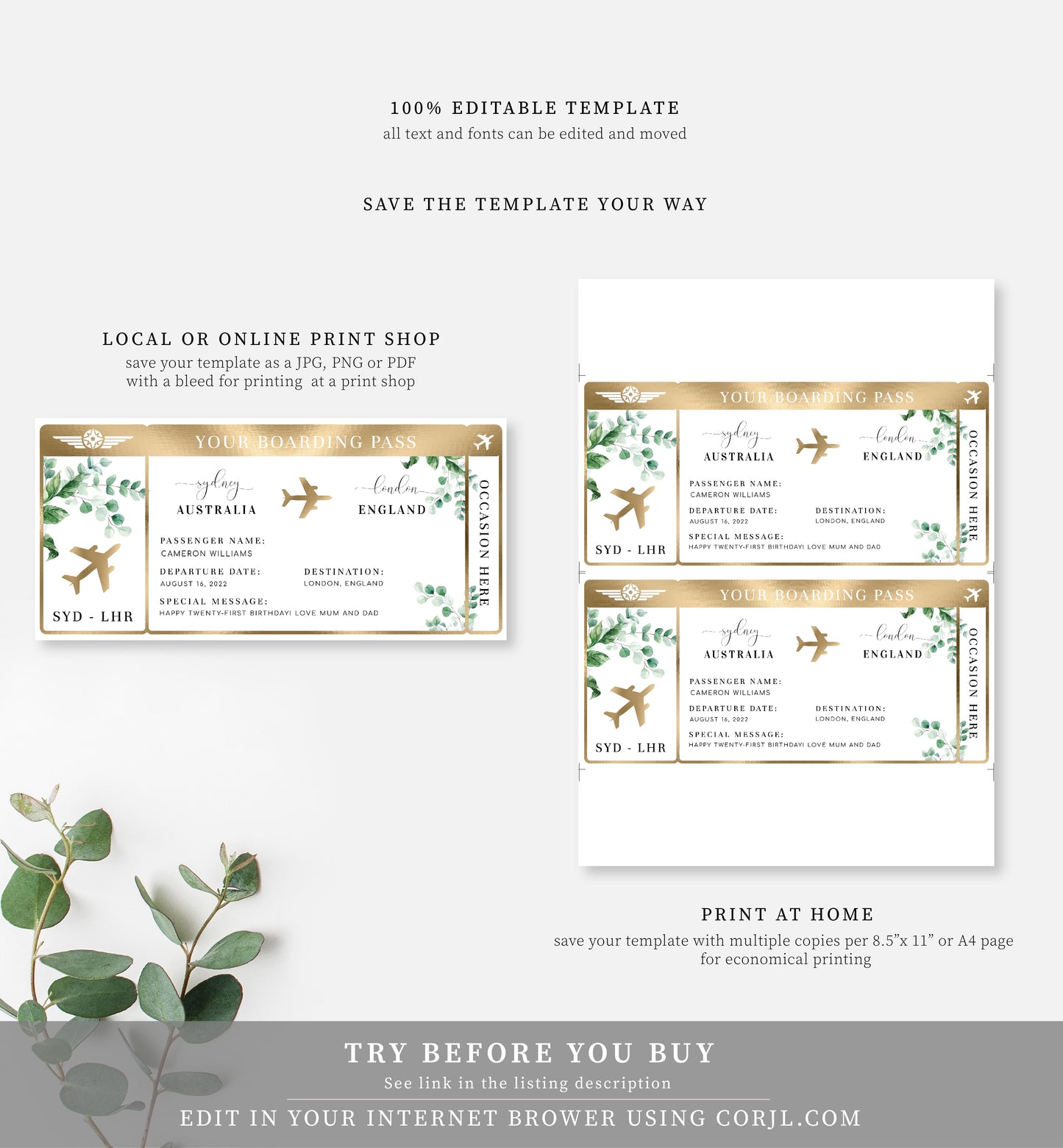 Ferras Blossom Greenery | Printable Boarding Pass - Black Bow Studio