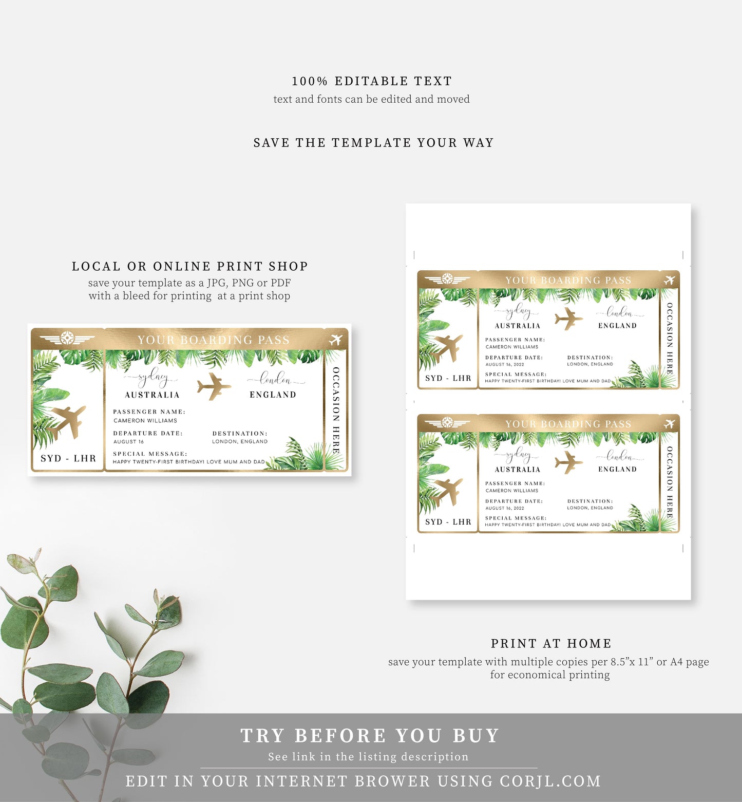 Nantucket Palm | Printable Boarding Pass - Black Bow Studio