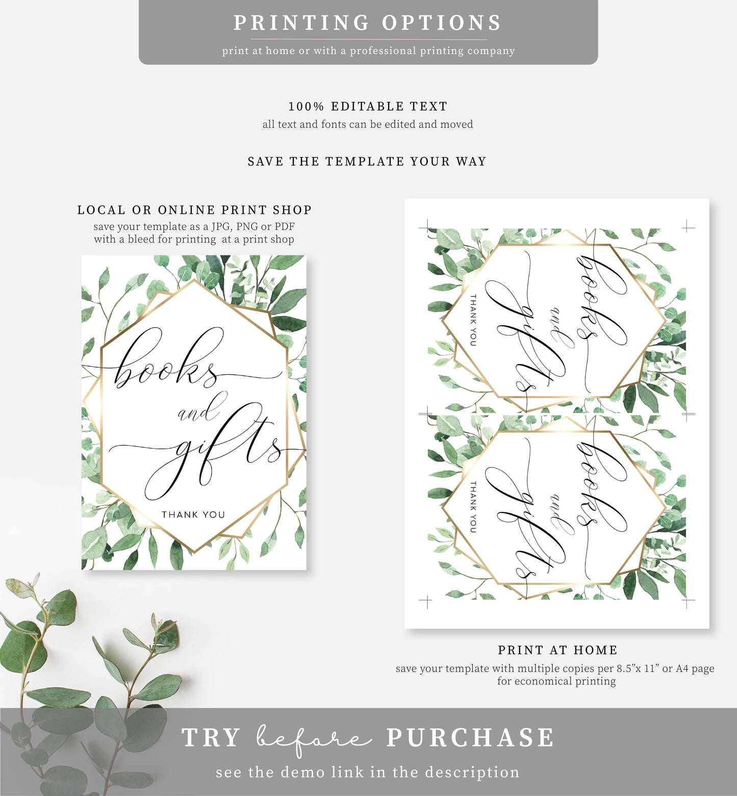 Everly Greenery | Printable Books & Gifts Sign Template
