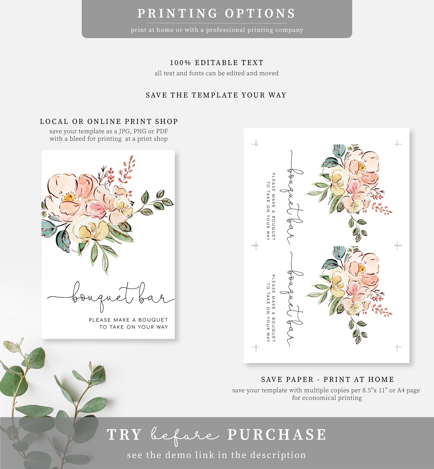 Cambridge Floral Multi | Printable Bouquet Bar Sign Template
