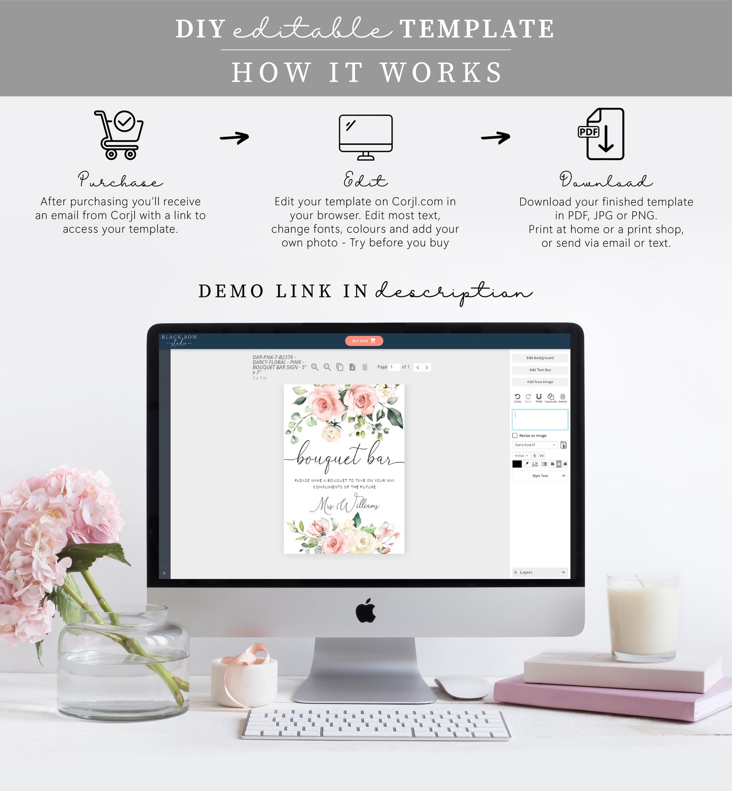 Darcy Floral Pink | Printable Bouquet Bar Sign Template