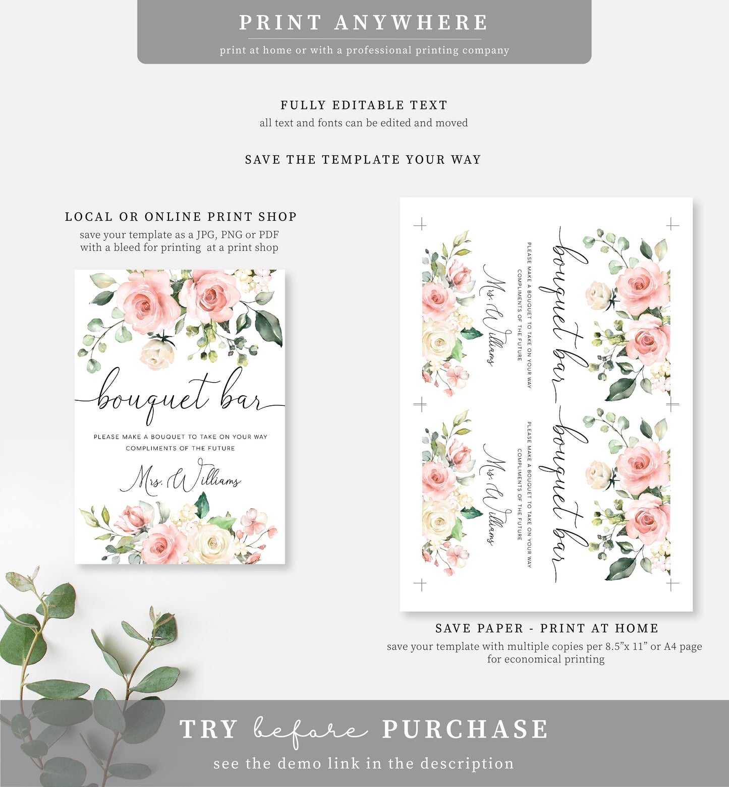 Darcy Floral Pink | Printable Bouquet Bar Sign Template