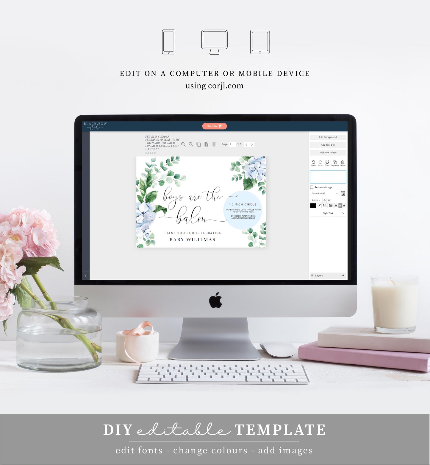 Ferras Blossom Blue | Printable Boys Are The Balm Favour Card Template