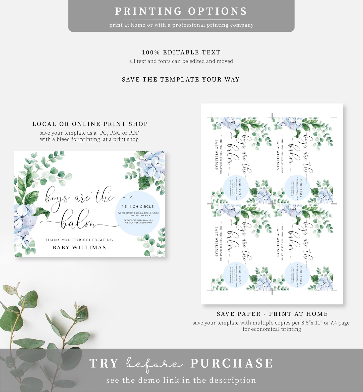 Ferras Blossom Blue | Printable Boys Are The Balm Favour Card Template