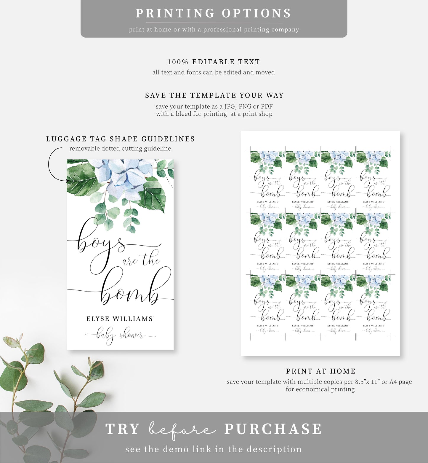Ferras Blossom Blue | Printable Bath Bomb Favour Tags