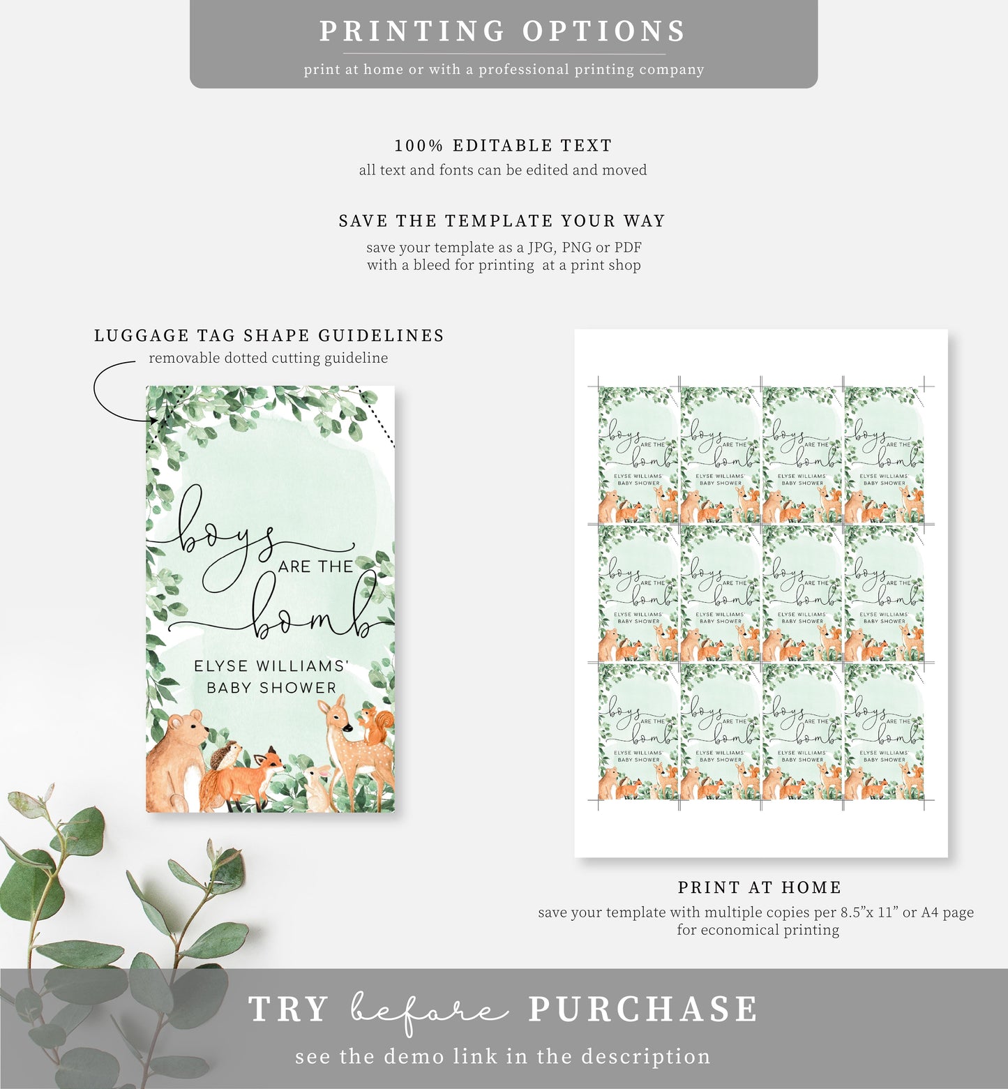 Woodland Animals Green | Printable Bath Bomb Favour Tags