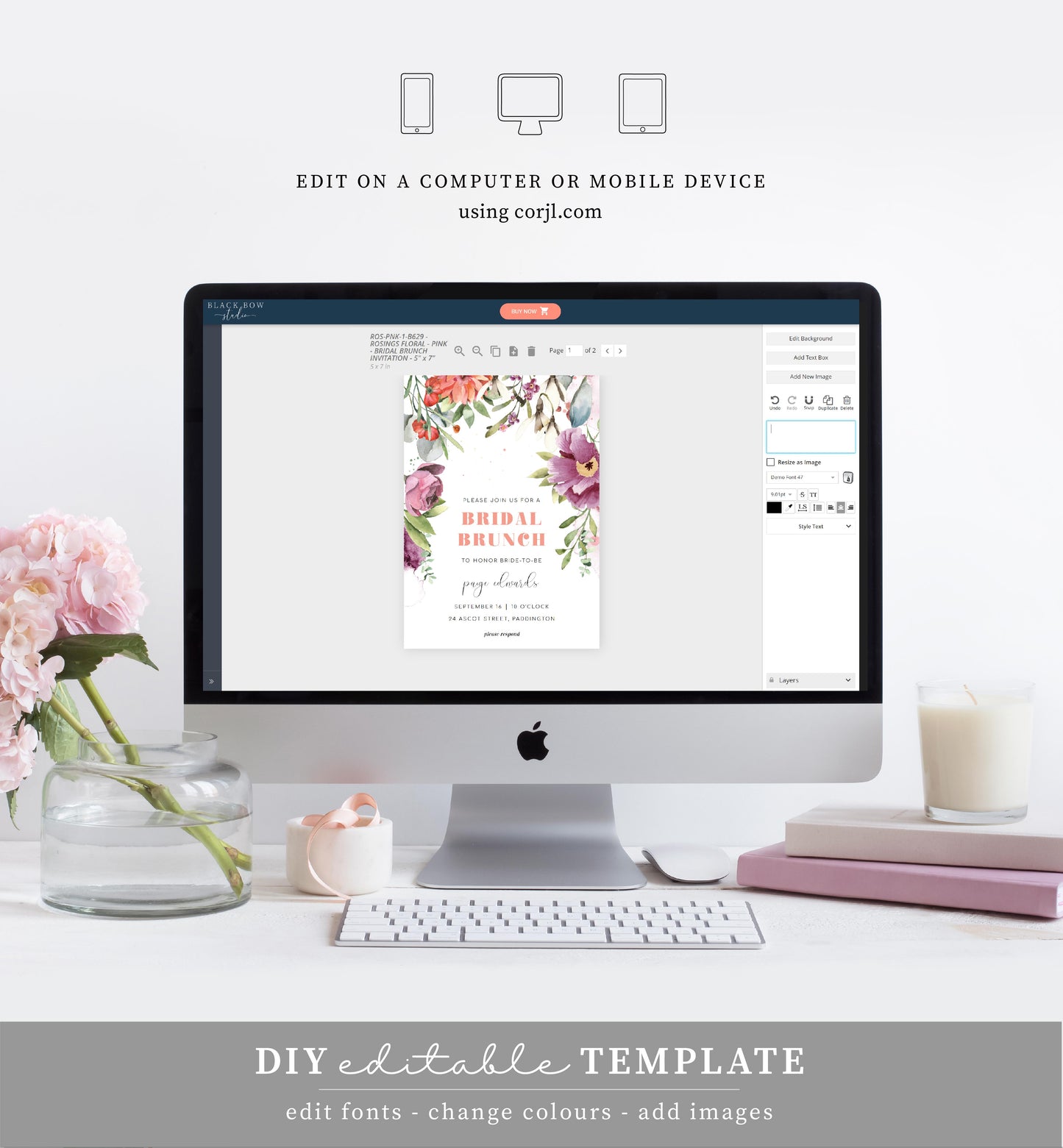 Rosings Floral | Printable Bridal Shower Invitation Suite - Black Bow Studio