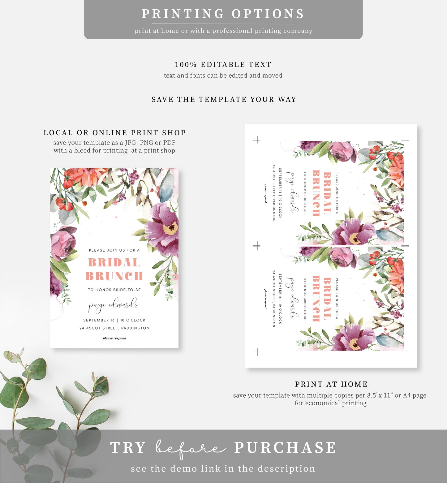 Rosings Floral | Printable Bridal Shower Invitation Suite - Black Bow Studio