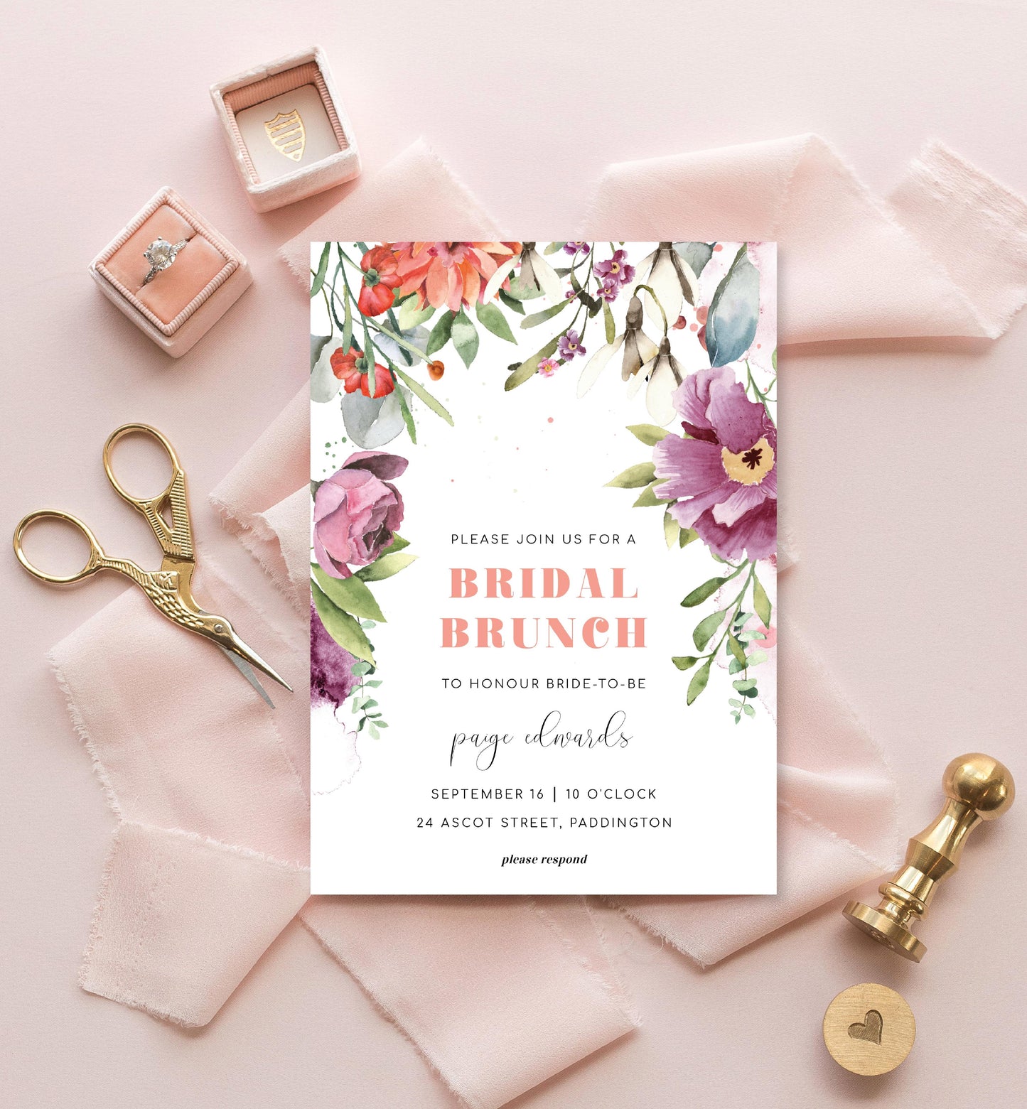Rosings Floral | Printable Bridal Shower Invitation Suite - Black Bow Studio