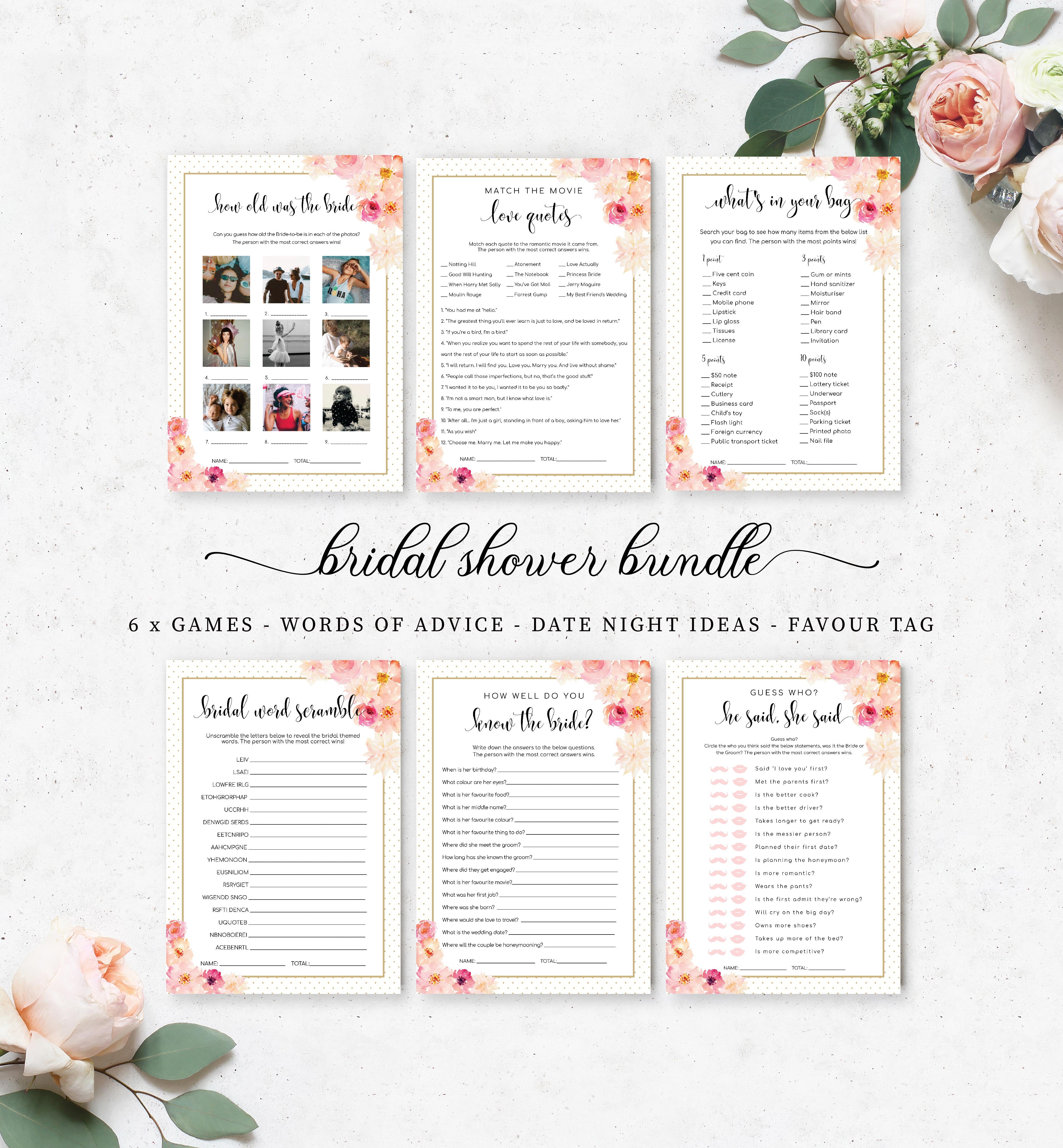 Abbieville Floral White  Printable Bridal Shower Games Bundle Templat –  Black Bow Studio