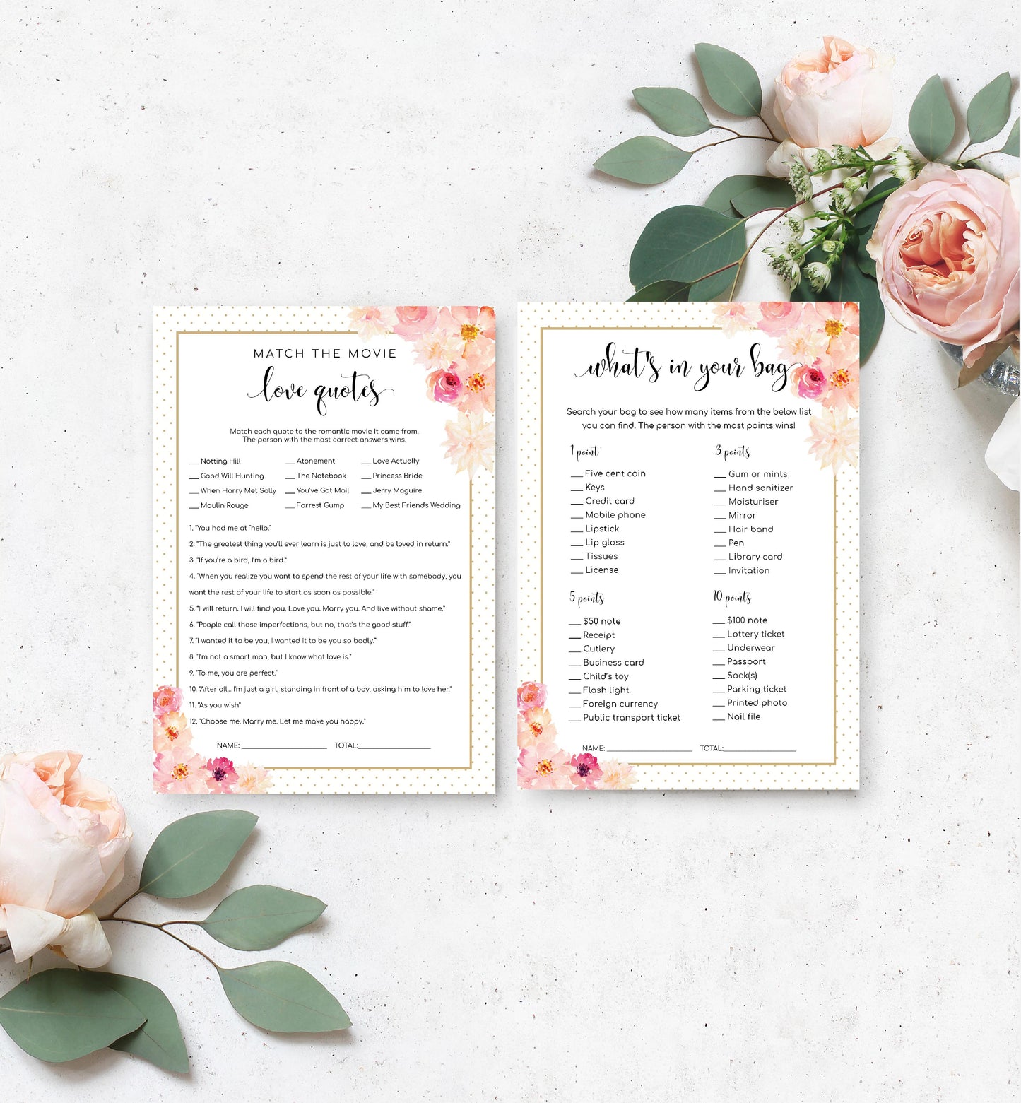 Abbieville Floral White | Printable Bridal Shower Games Bundle Template - Black Bow Studio