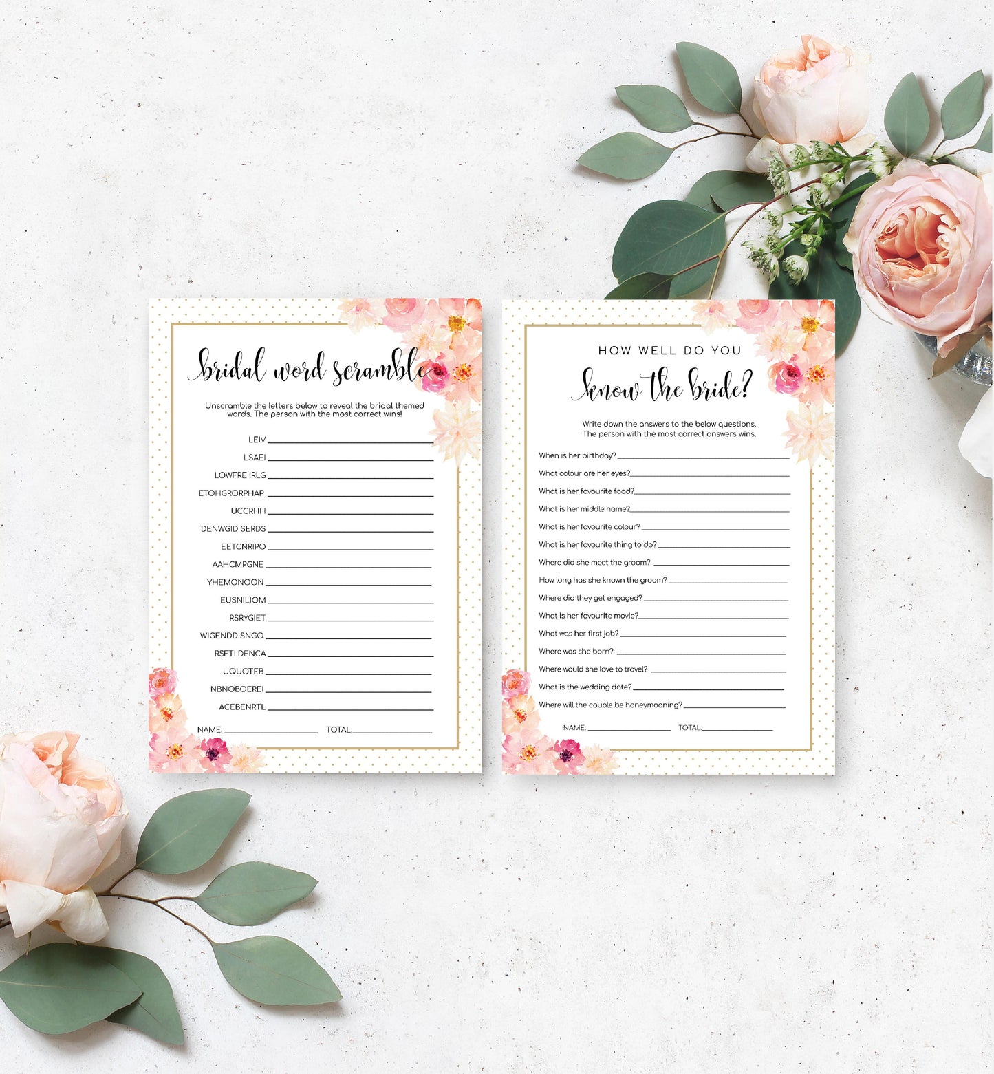 Abbieville Floral White | Printable Bridal Shower Games Bundle Template - Black Bow Studio